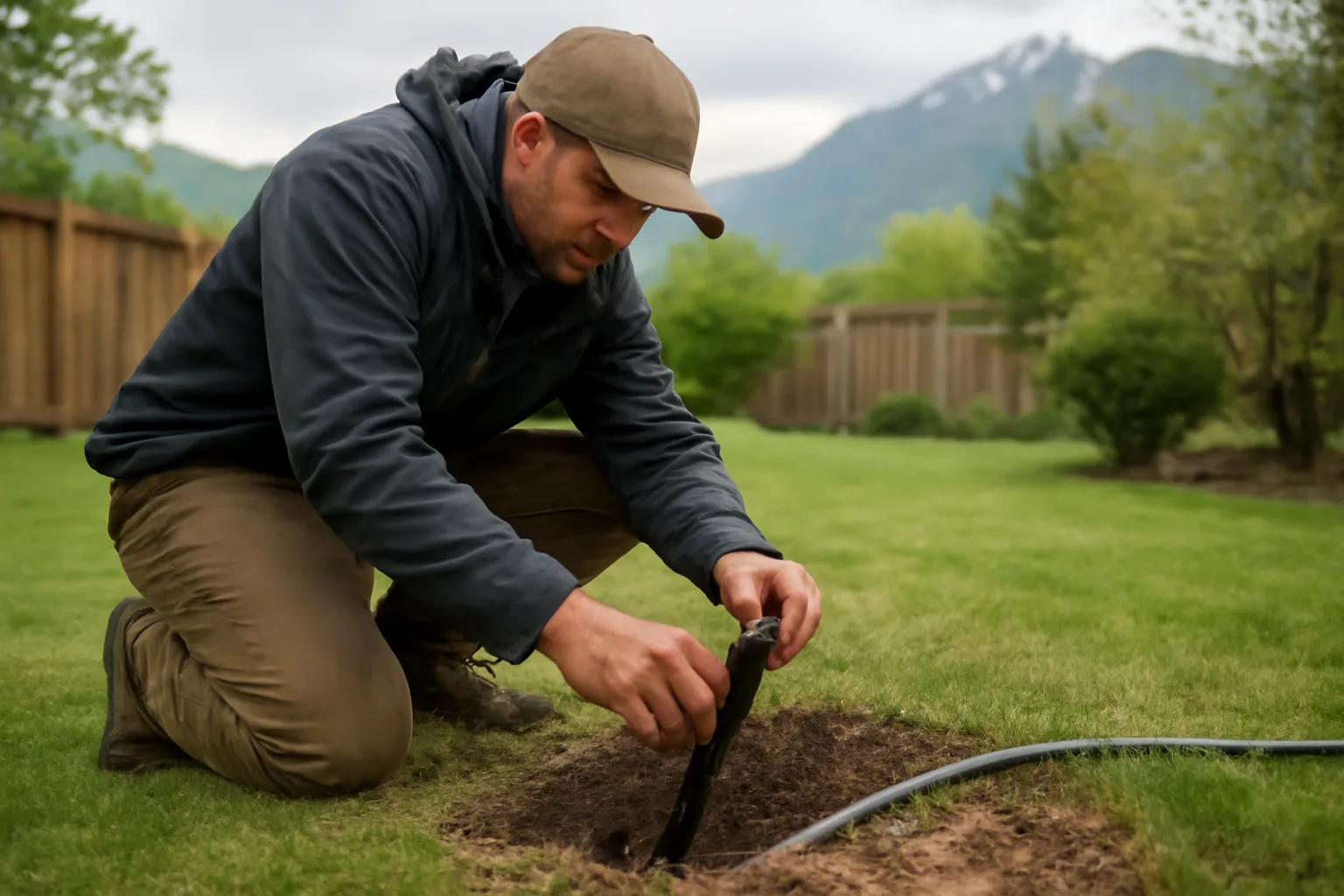 Irrigation contractor installing sprinkler system in an Alaska yard