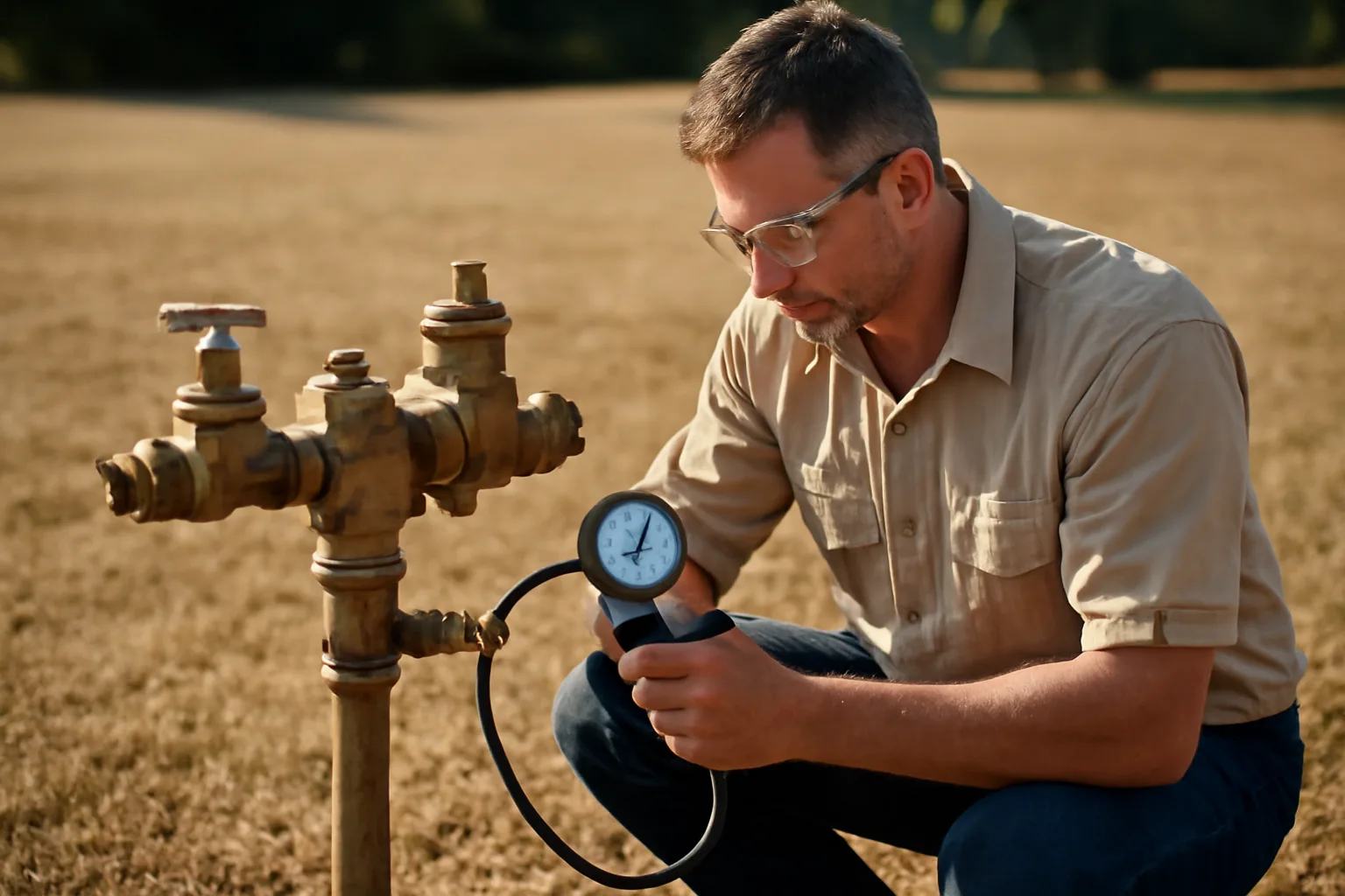 Irrigation contractor testing a backflow preventer in Alabama yard