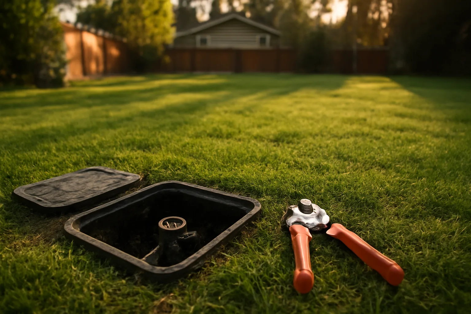 Open irrigation valve box and landscape tools in an Anchorage lawn