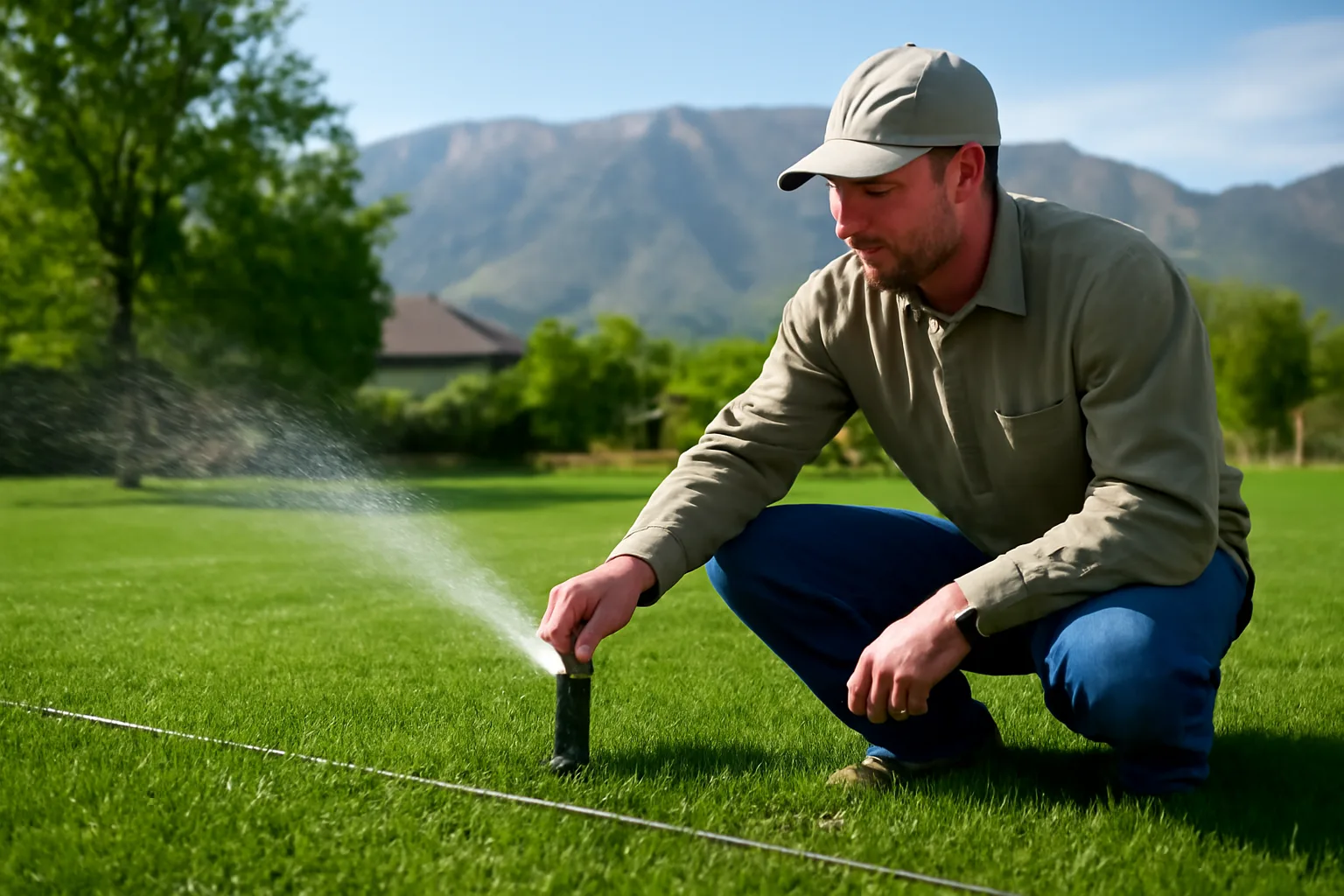 Irrigation contractor adjusting a sprinkler head on a Utah residential lawn