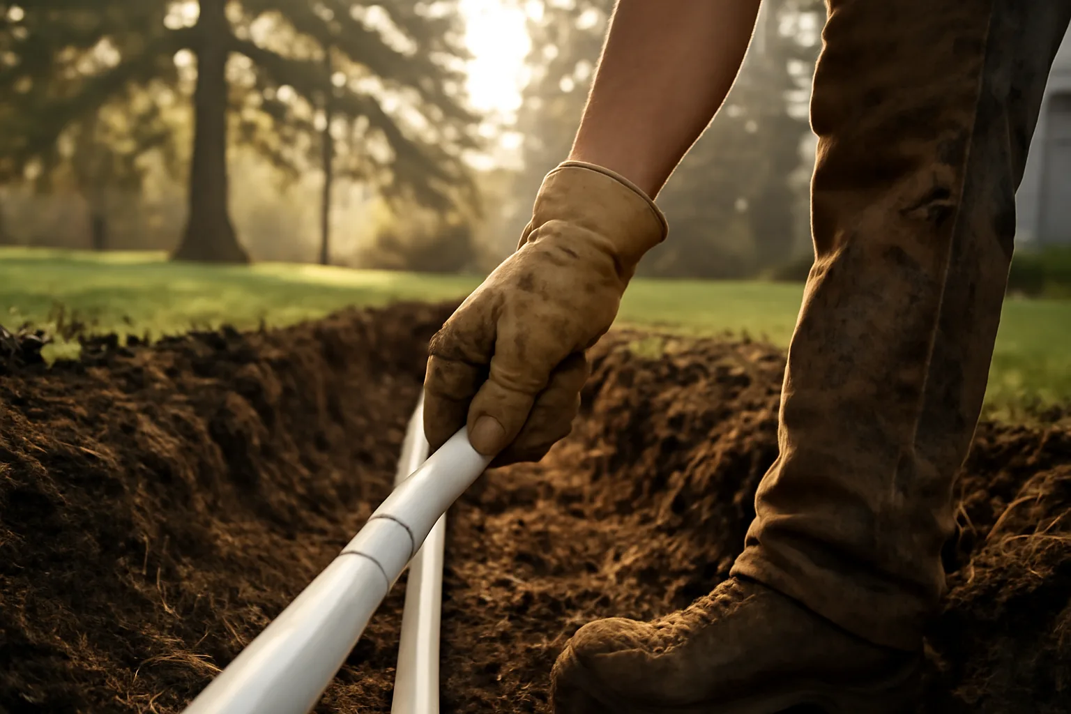 Gloved hand connecting irrigation pipe in trench, Alaska yard.