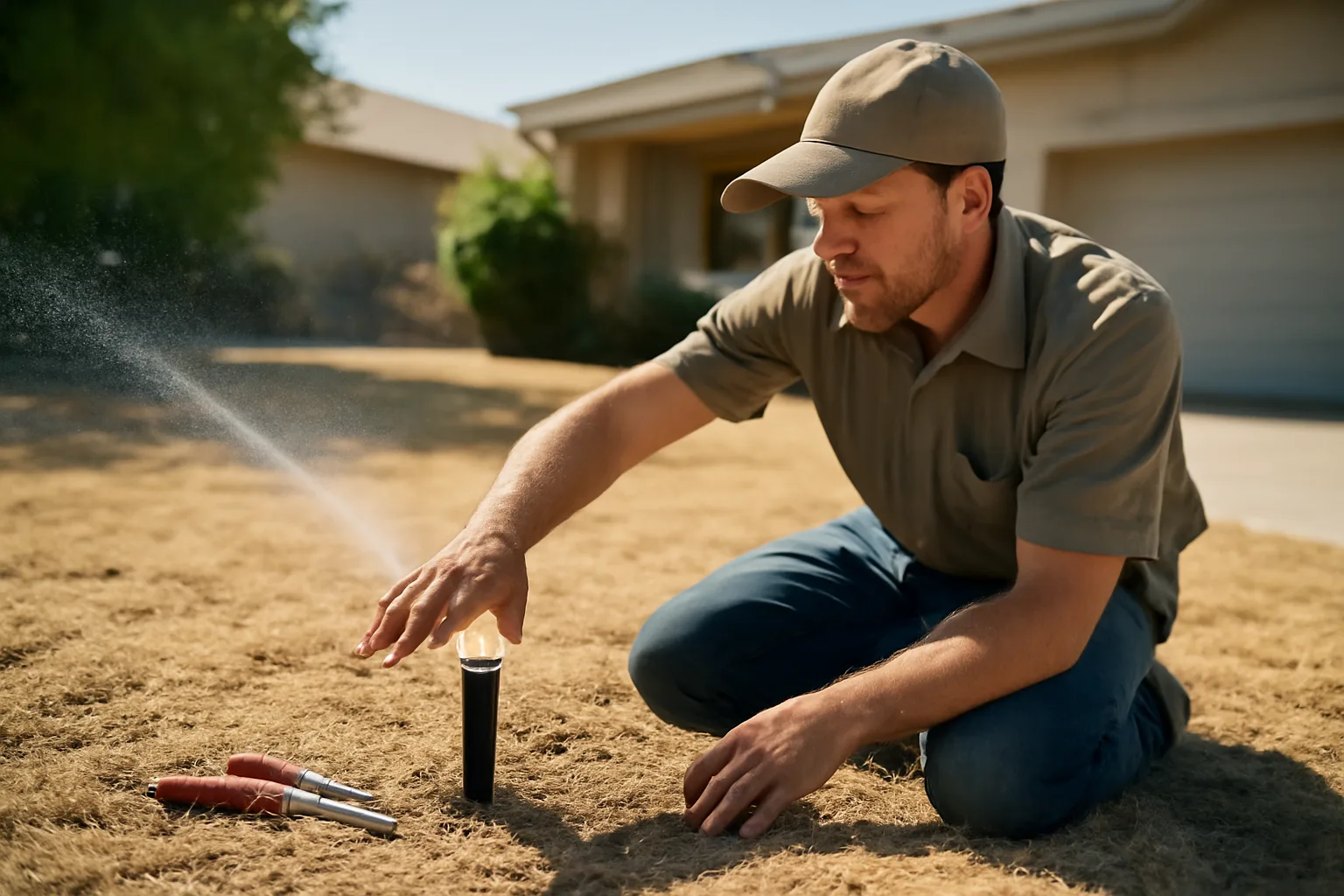 Irrigation contractor adjusting a sprinkler head on a Utah suburban lawn