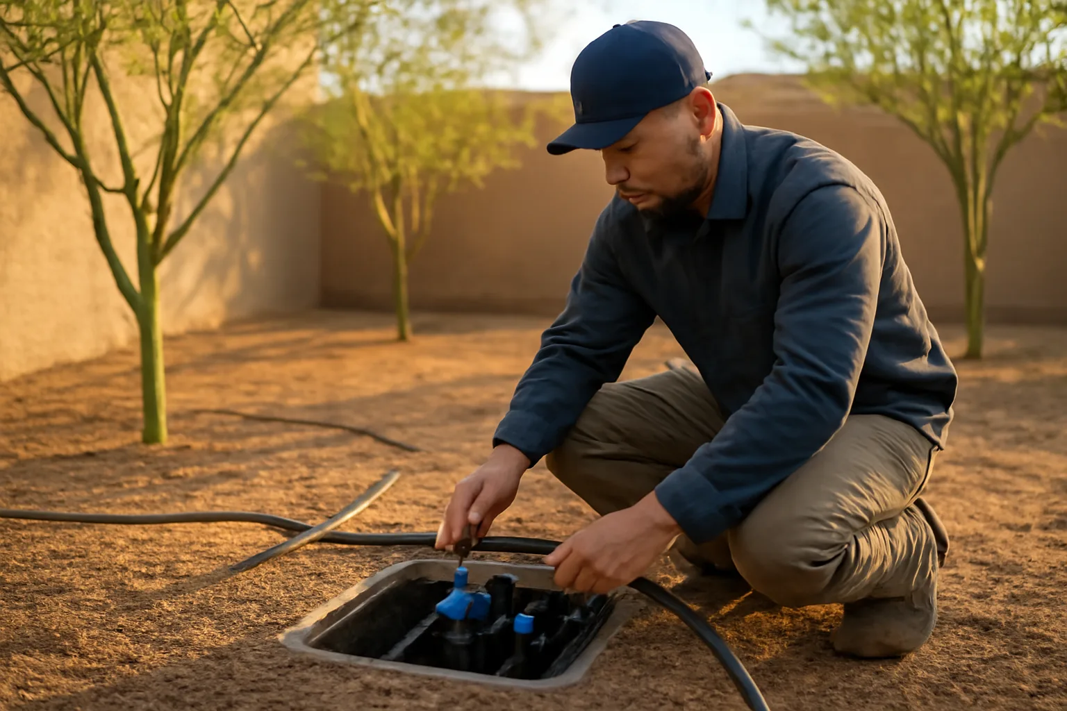 Irrigation contractor installing drip lines in a Phoenix desert yard