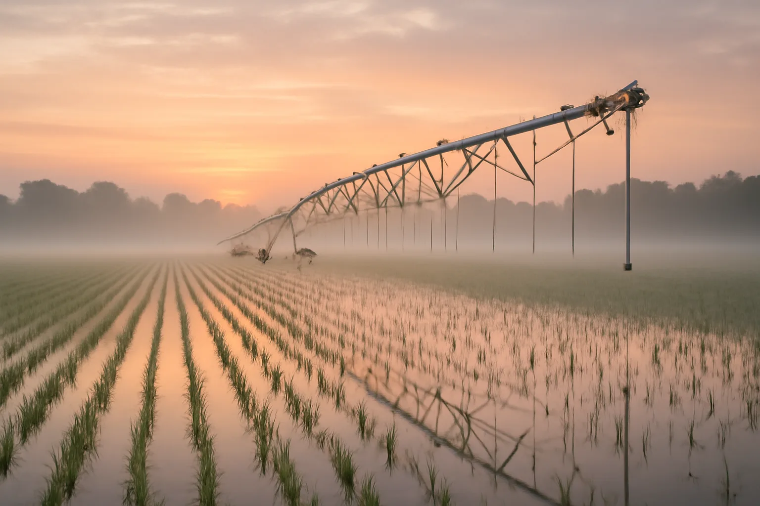 Center pivot irrigation over a flooded Arkansas rice field at sunrise