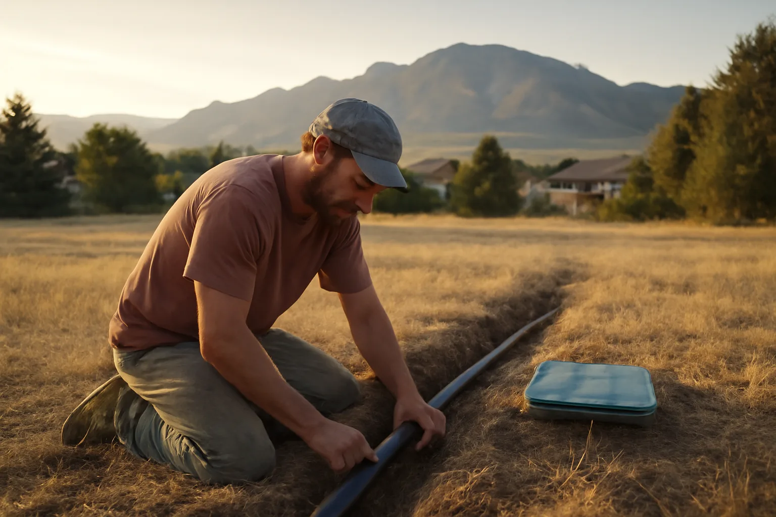 Worker laying irrigation pipe on a dry Colorado suburban lawn