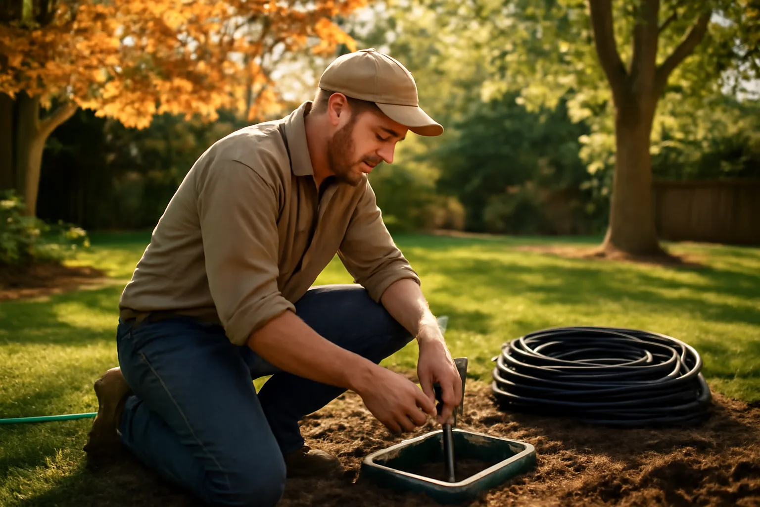 Irrigation contractor kneeling beside a valve box in Delaware grass