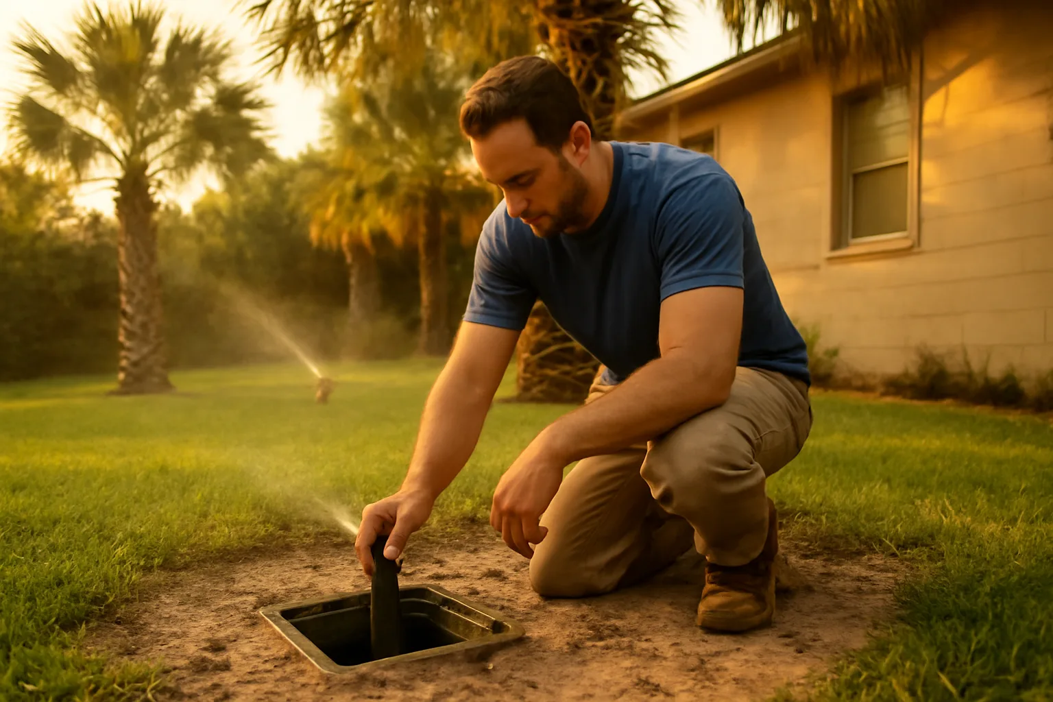 Irrigation contractor adjusting spray heads on a Florida residential lawn