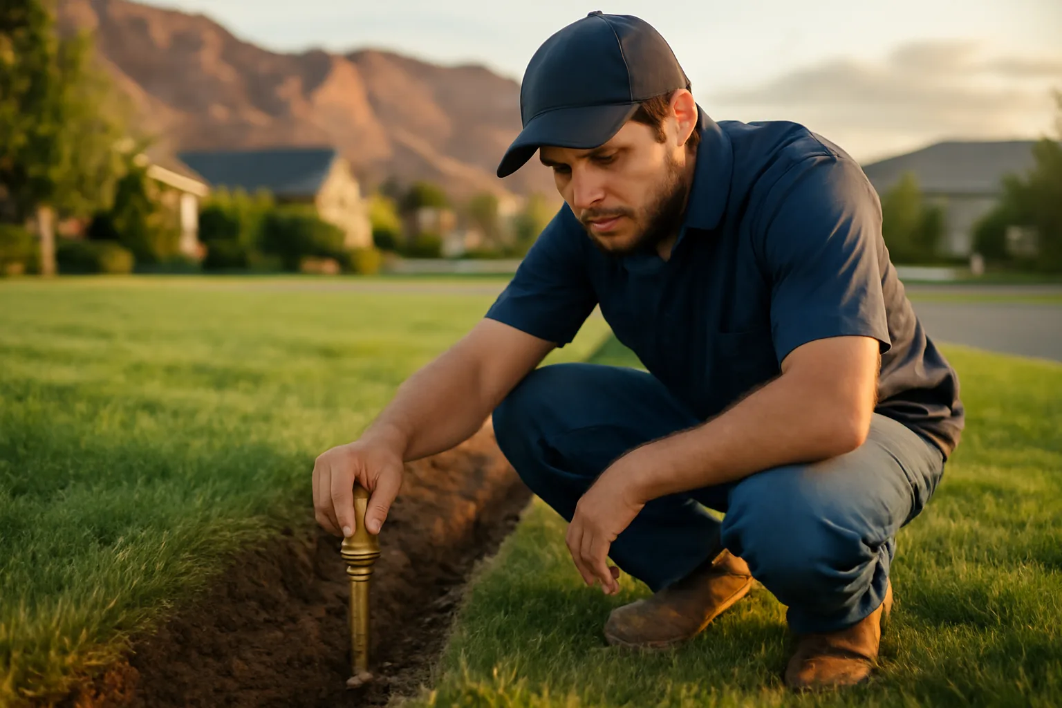 Irrigation contractor adjusting a sprinkler head on a Utah residential lawn