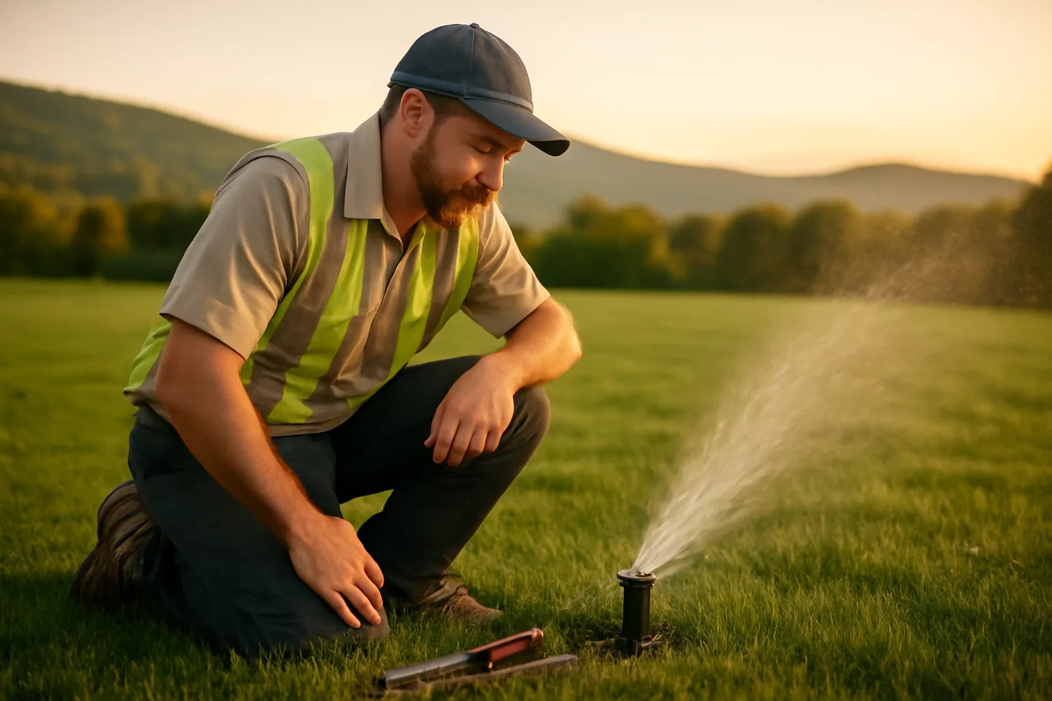 Irrigation contractor adjusting a sprinkler head in a Vermont lawn at golden hour