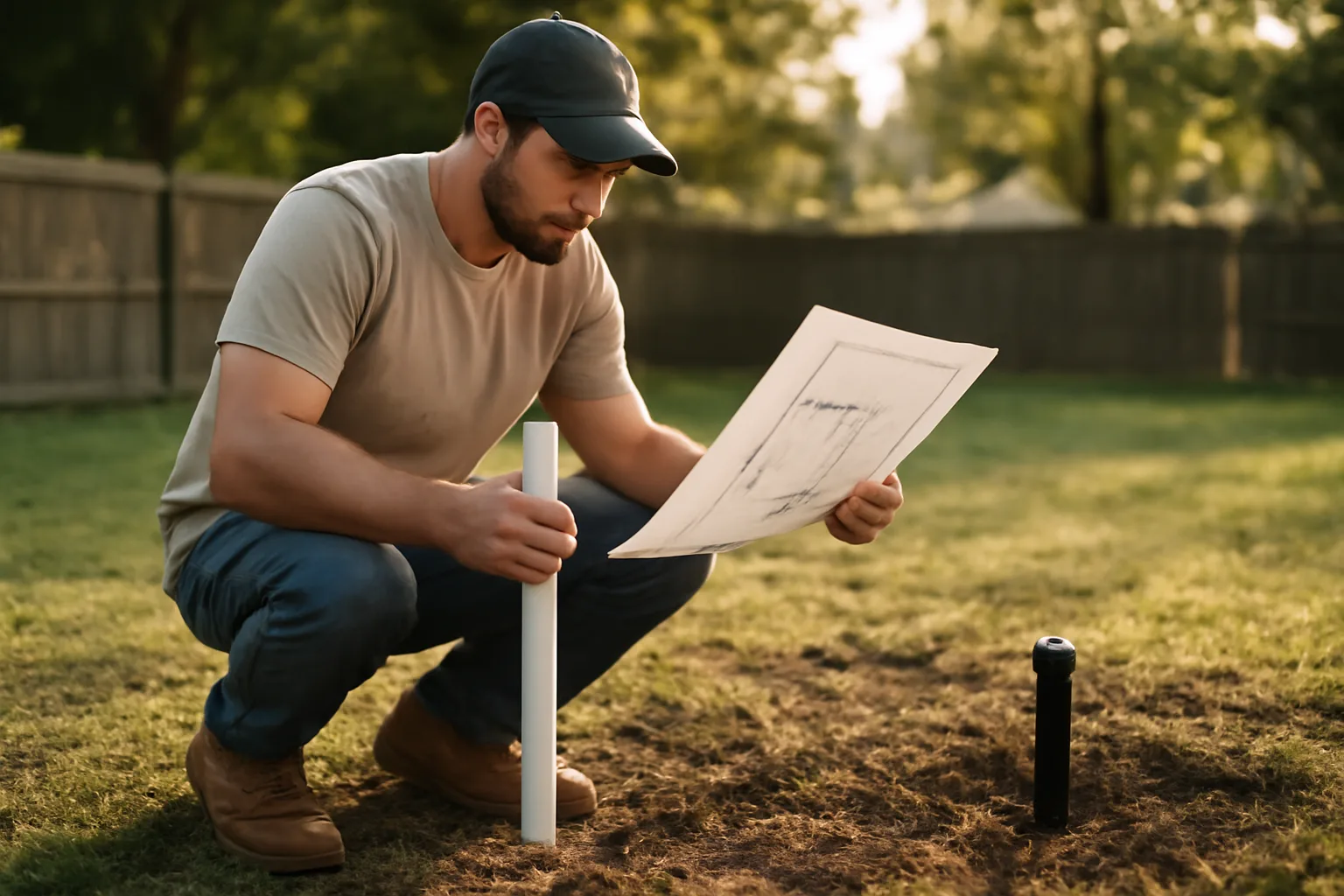 Irrigation contractor marking a sprinkler layout in an Alabama backyard