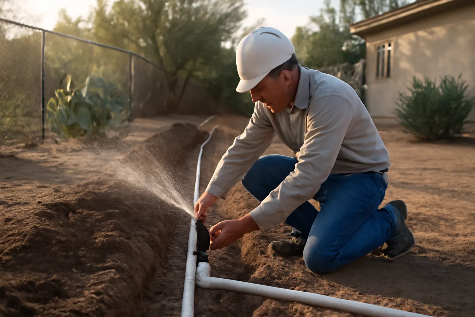 Worker adjusting irrigation sprinkler head in Arizona backyard