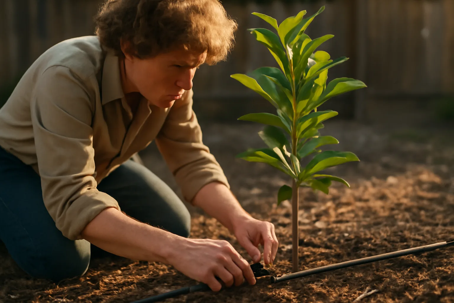 Worker adjusting a drip emitter under a citrus tree in California