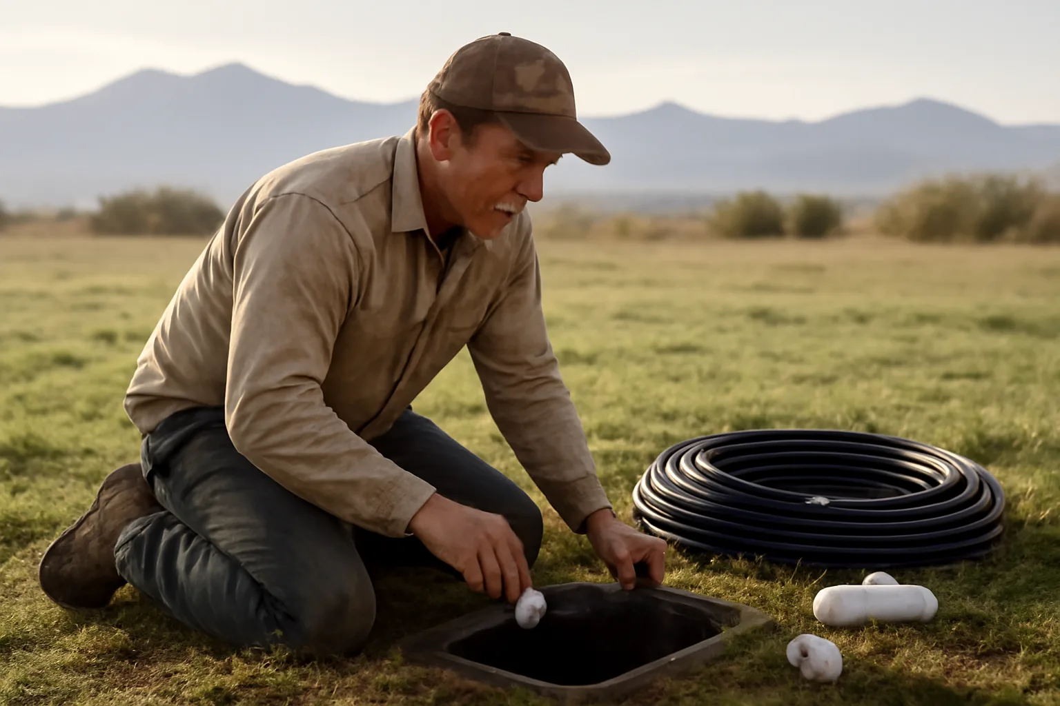 Contractor kneels by a valve box in a Colorado Front Range yard