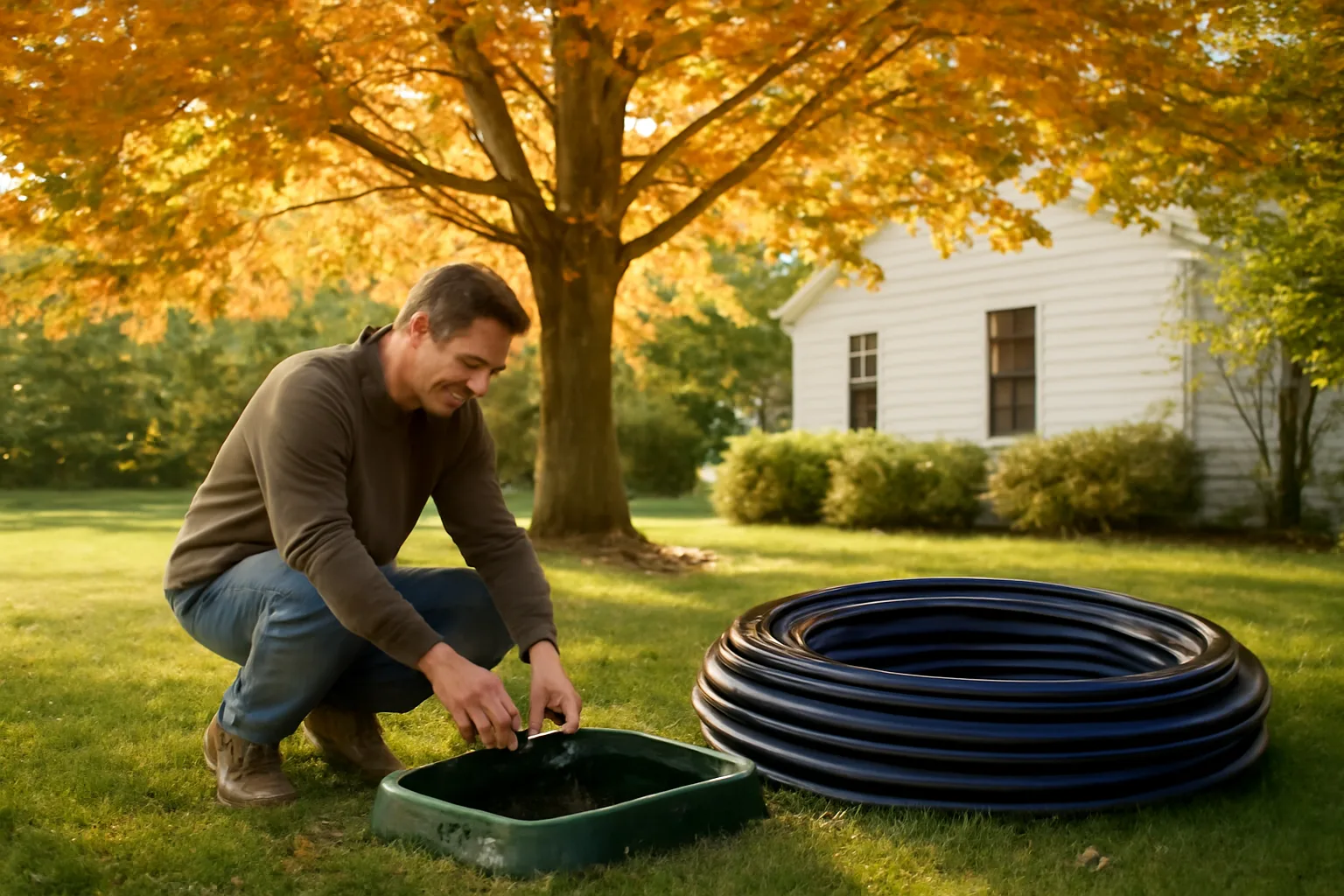 Worker installing irrigation pipe beside a Connecticut clapboard house