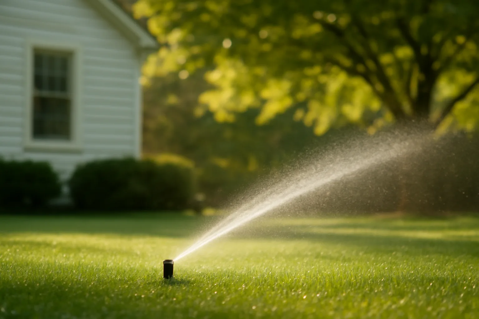 Pop-up sprinkler watering a Delaware residential lawn at morning