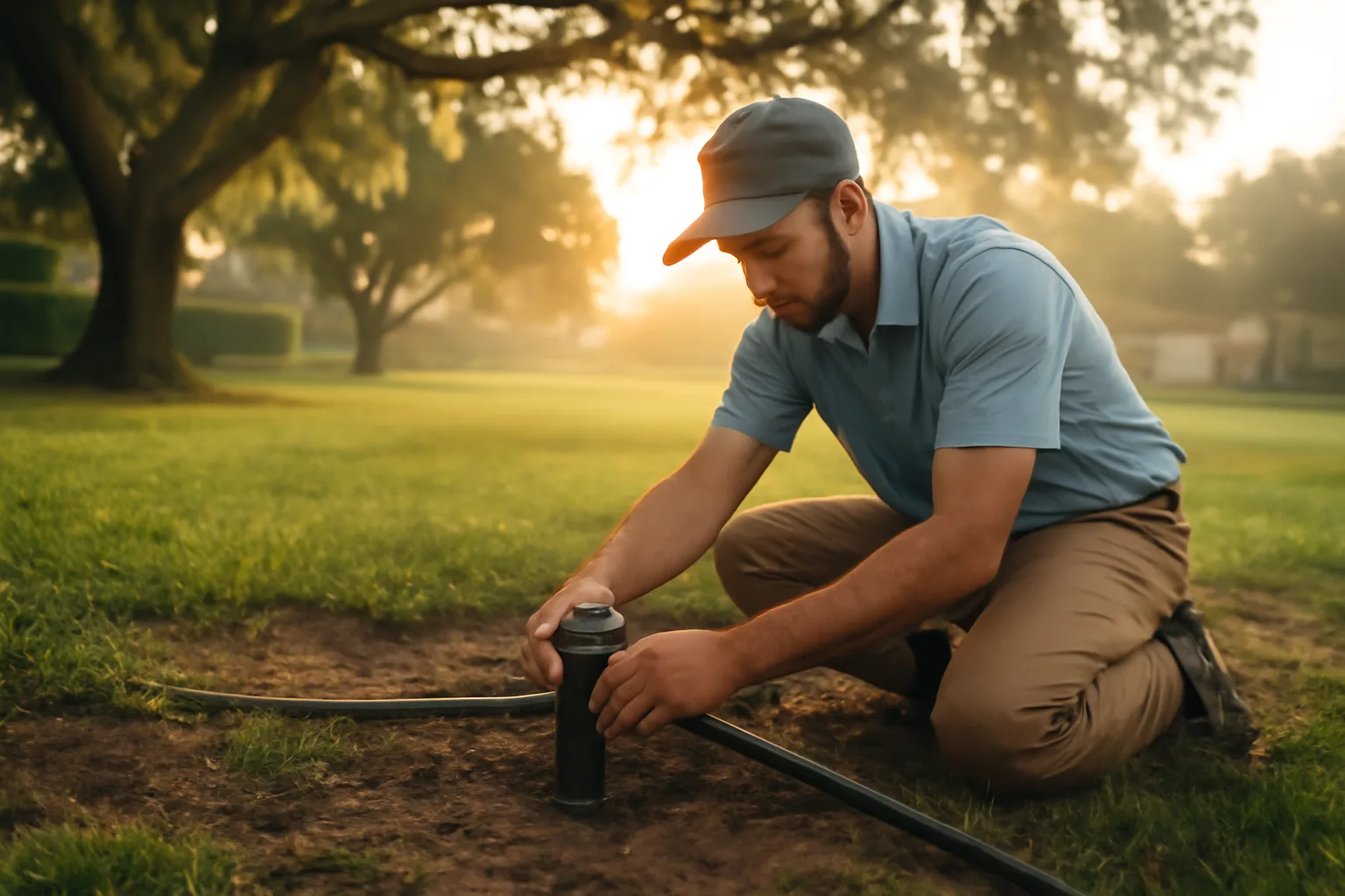 Technician sets a pop-up rotor in a sandy Florida lawn