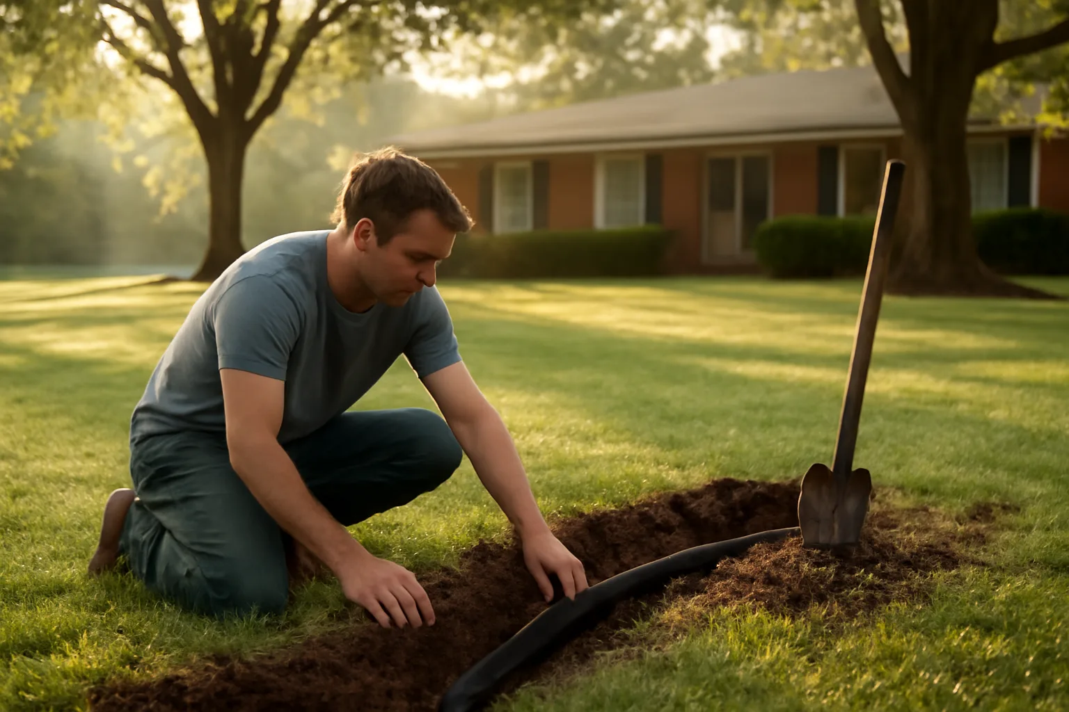 Worker placing irrigation pipe in a Georgia yard trench