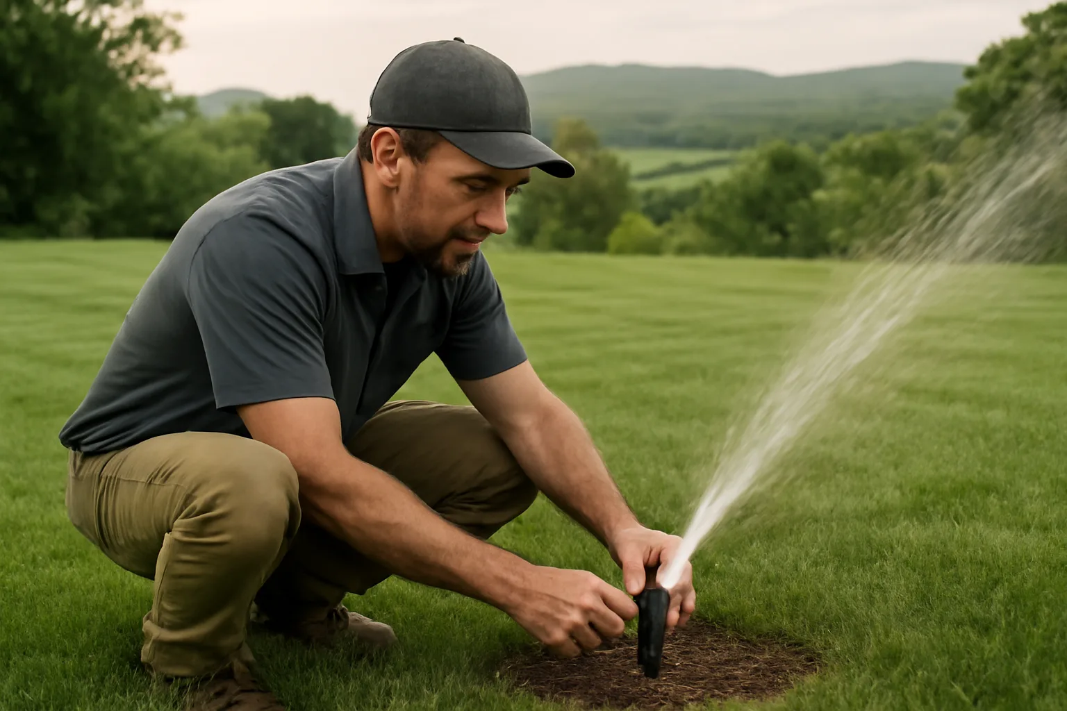 Irrigation contractor adjusting a sprinkler head in a Vermont residential lawn
