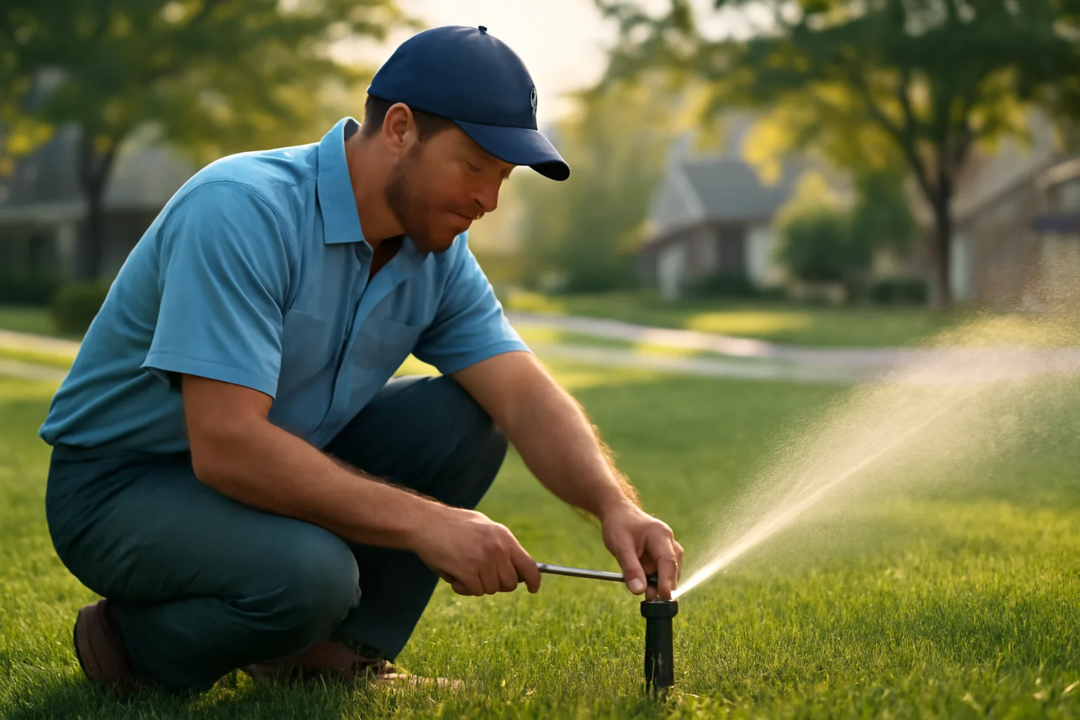 Irrigation contractor adjusting a sprinkler head on a Virginia residential lawn