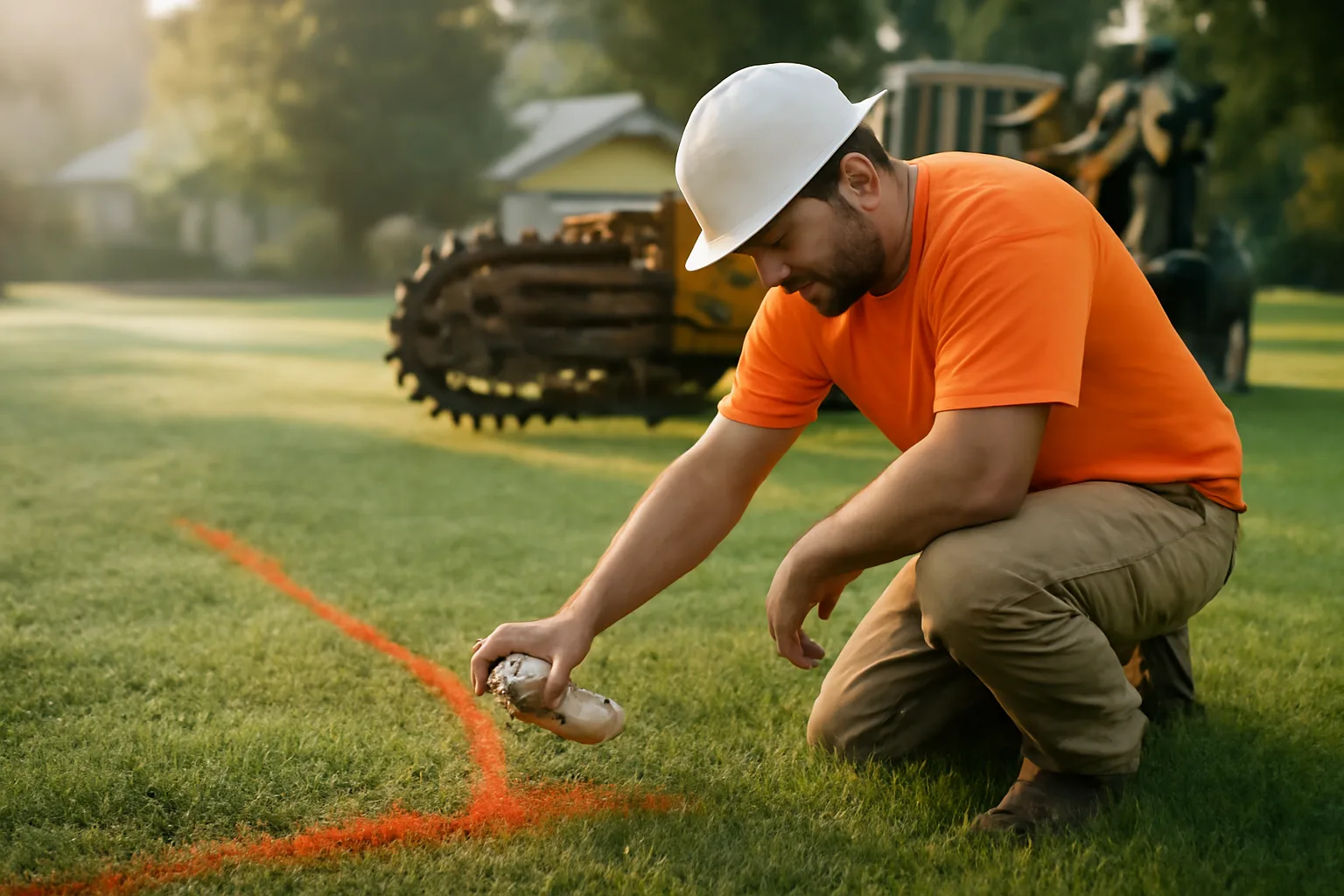 Alabama irrigation contractor marking trench lines on a residential lawn at dawn