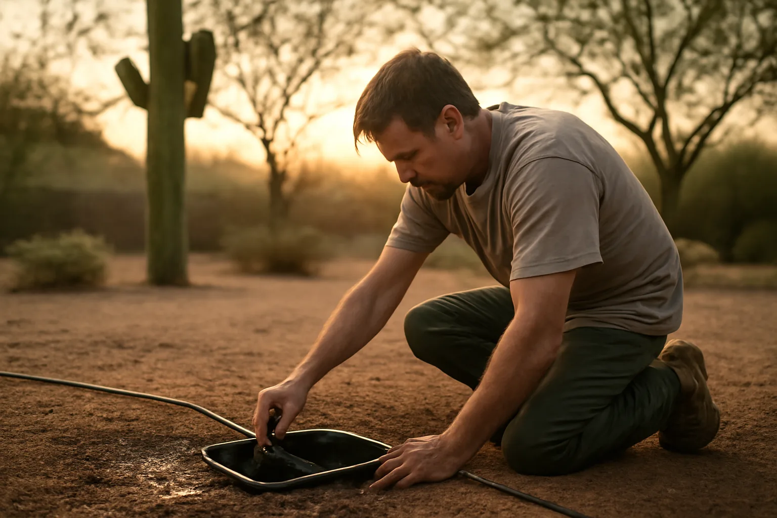 Worker adjusting drip irrigation tubing in an Arizona desert yard