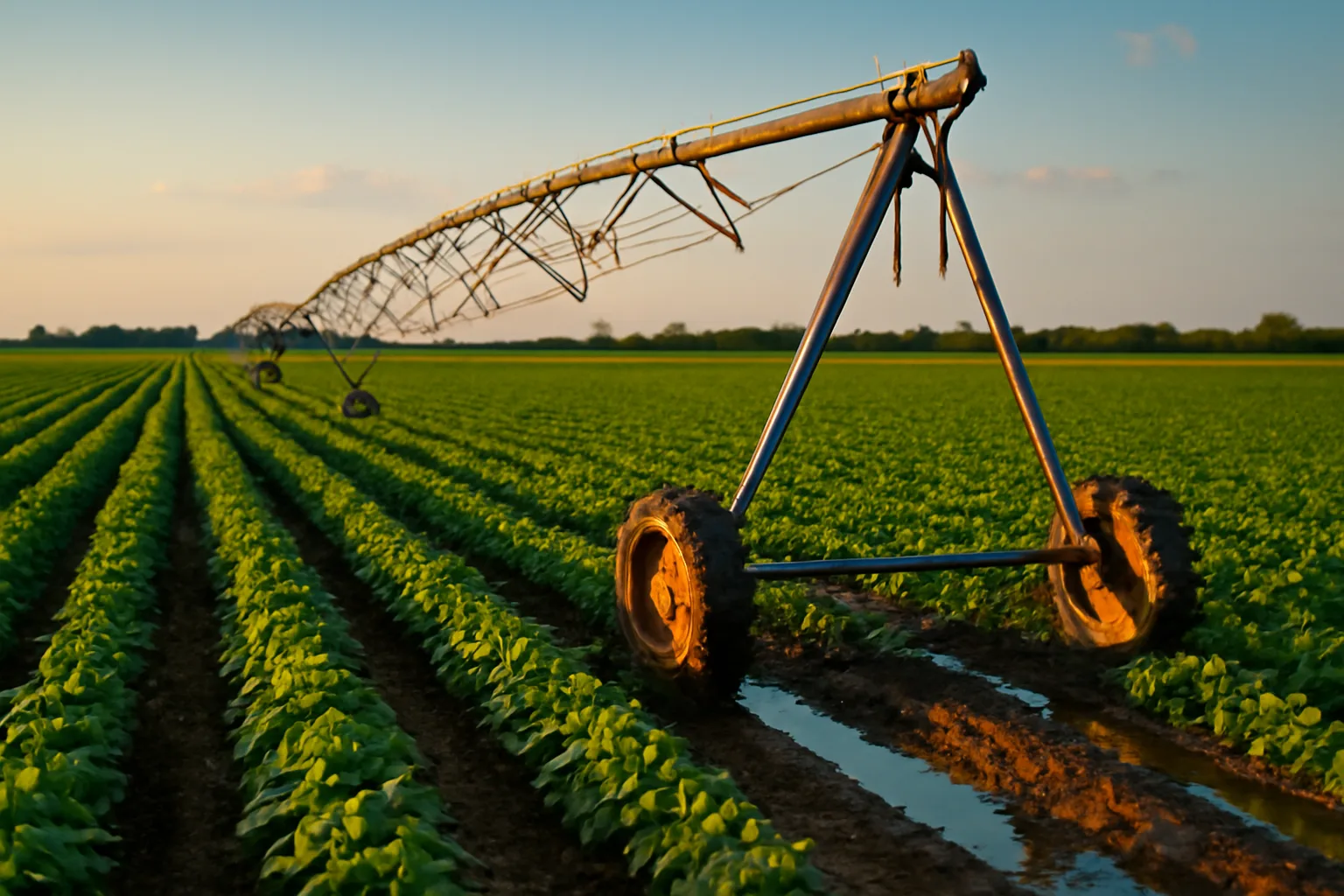 Center pivot over Arkansas soybeans at evening, irrigation contractor view