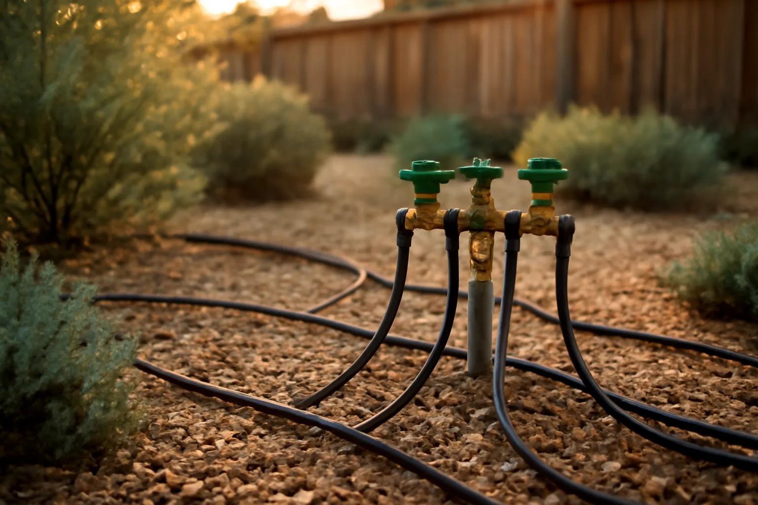 Irrigation valve manifold in a California backyard planting bed