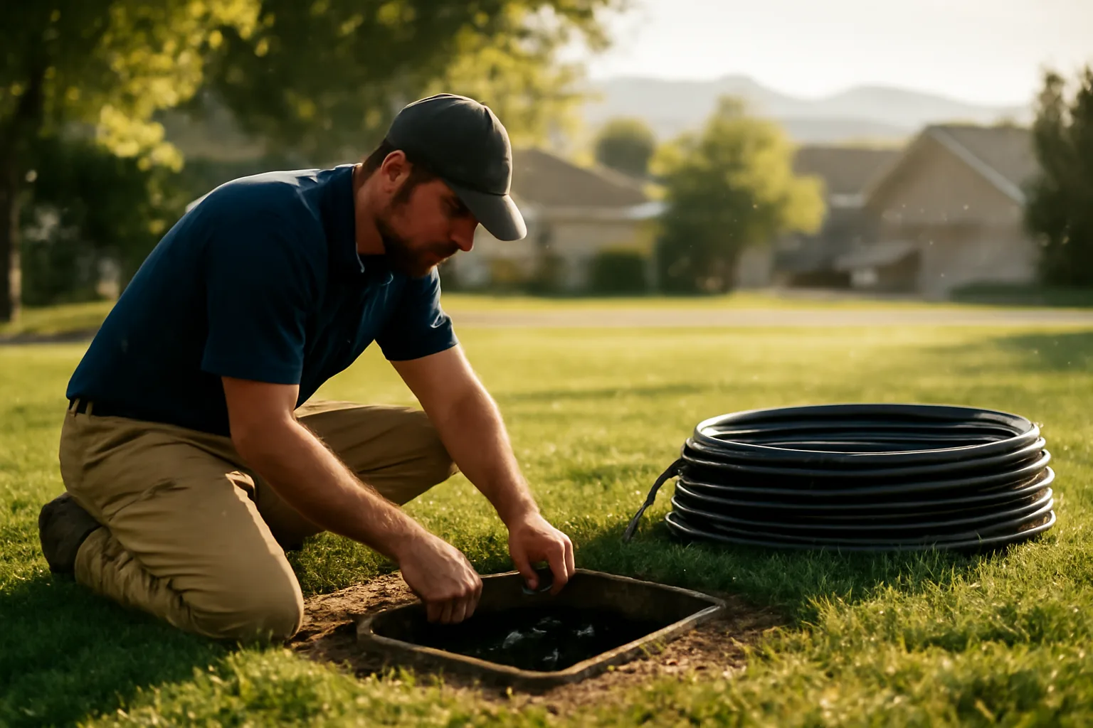 Technician working an irrigation valve box on a Denver lawn