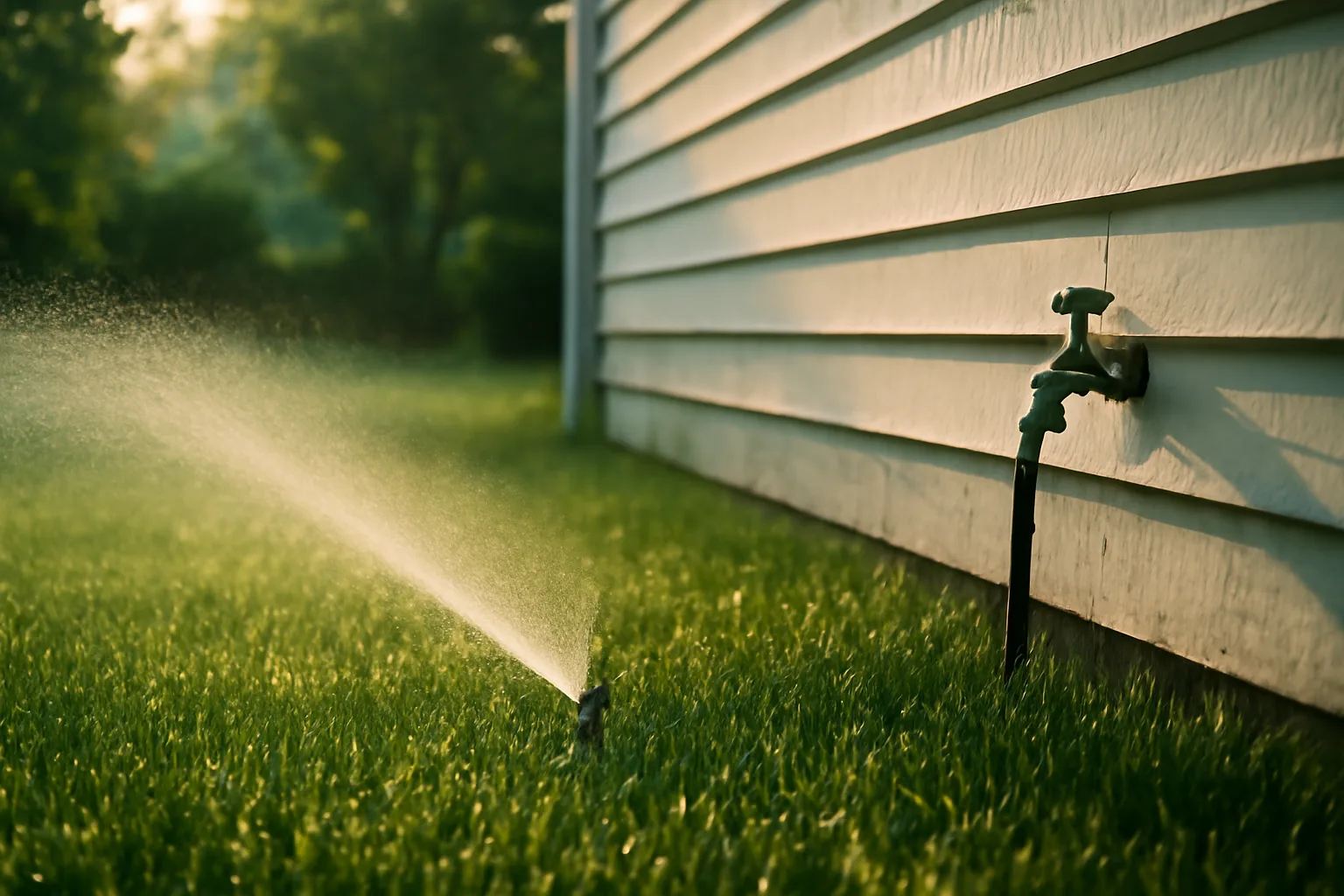 Pop-up sprinkler watering a Delaware suburban lawn at sunrise