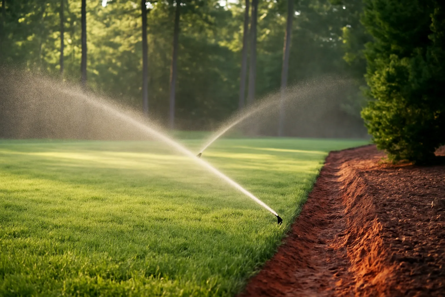 Pop-up sprinklers watering bermuda grass in a Georgia backyard