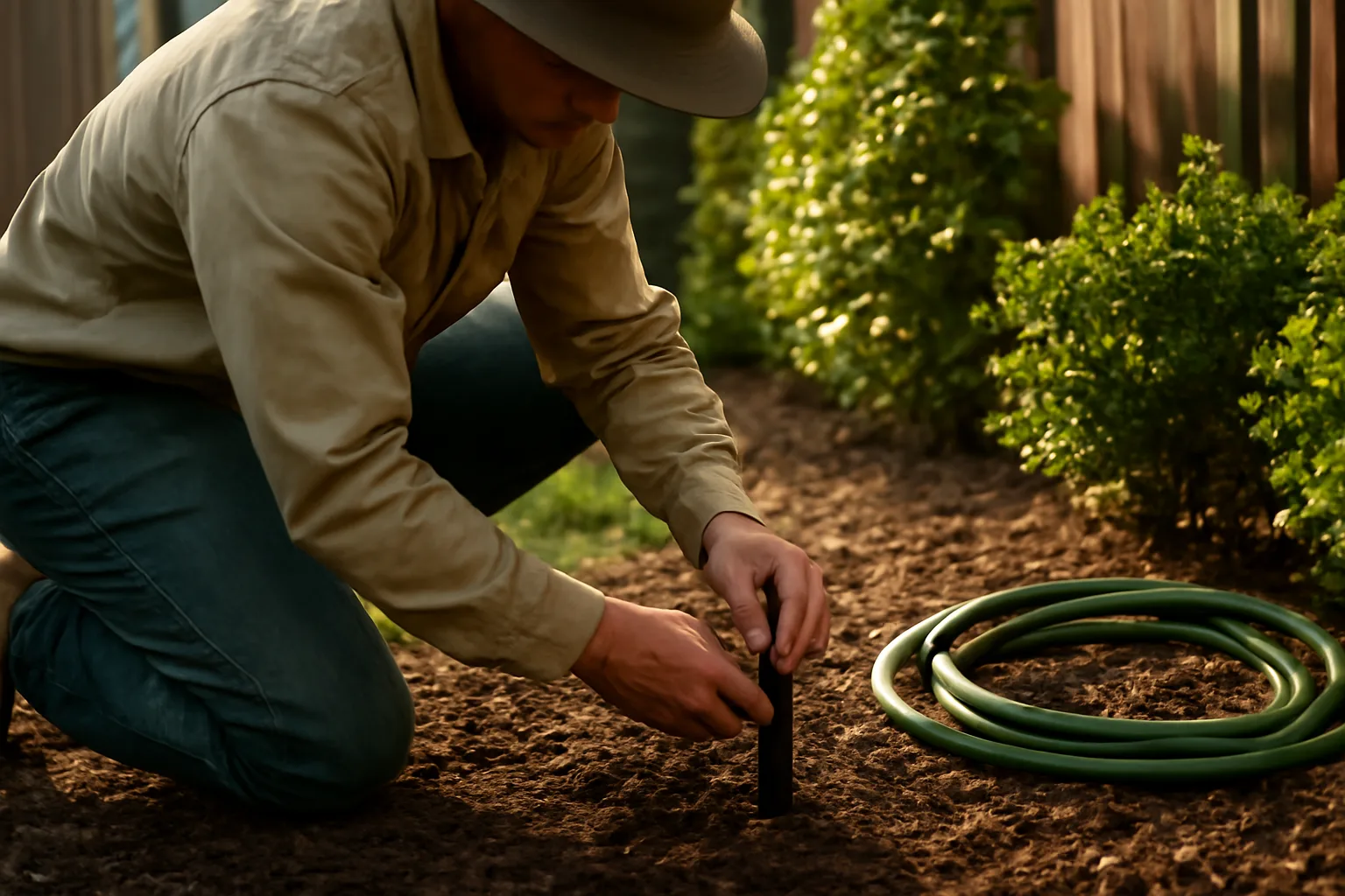 Worker adjusts a sprinkler head in a California residential yard