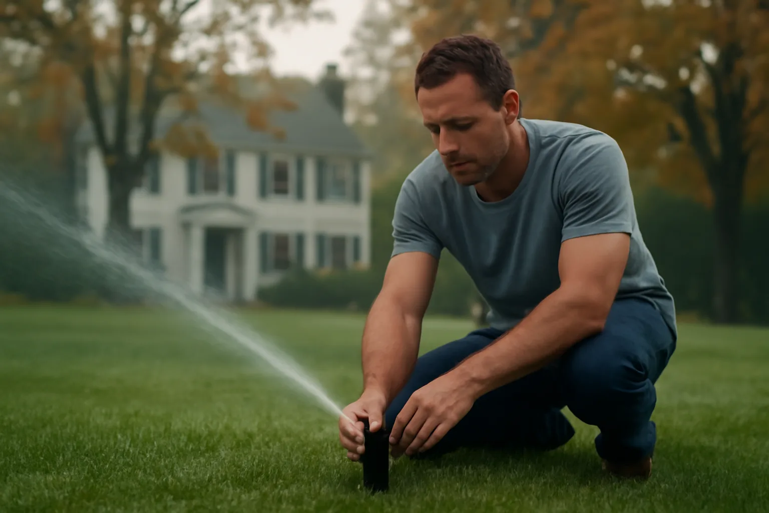Technician kneeling by a pop-up sprinkler on a wet Connecticut lawn