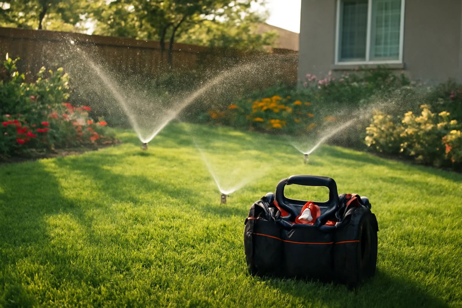 Irrigation sprinkler heads watering a green lawn with contractor tools nearby