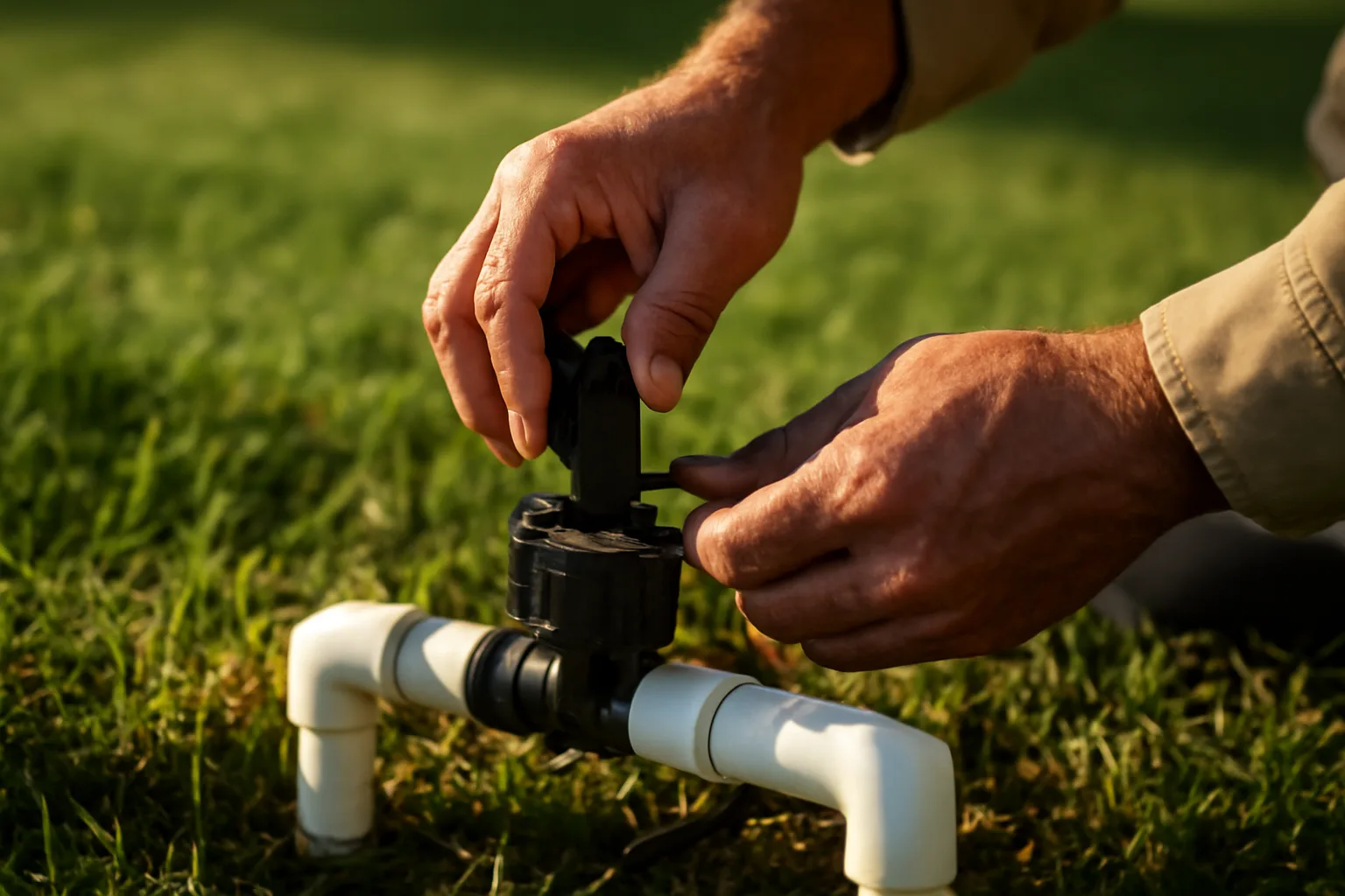 Irrigation contractor adjusting sprinkler valve in Alabama lawn