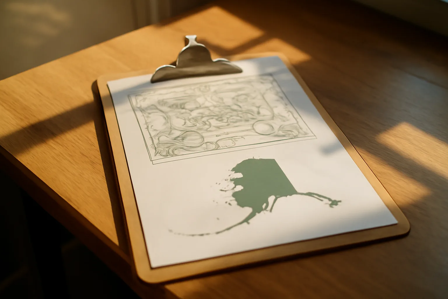 Irrigation plan and Alaska map on a desk for specialty contractor licensing.