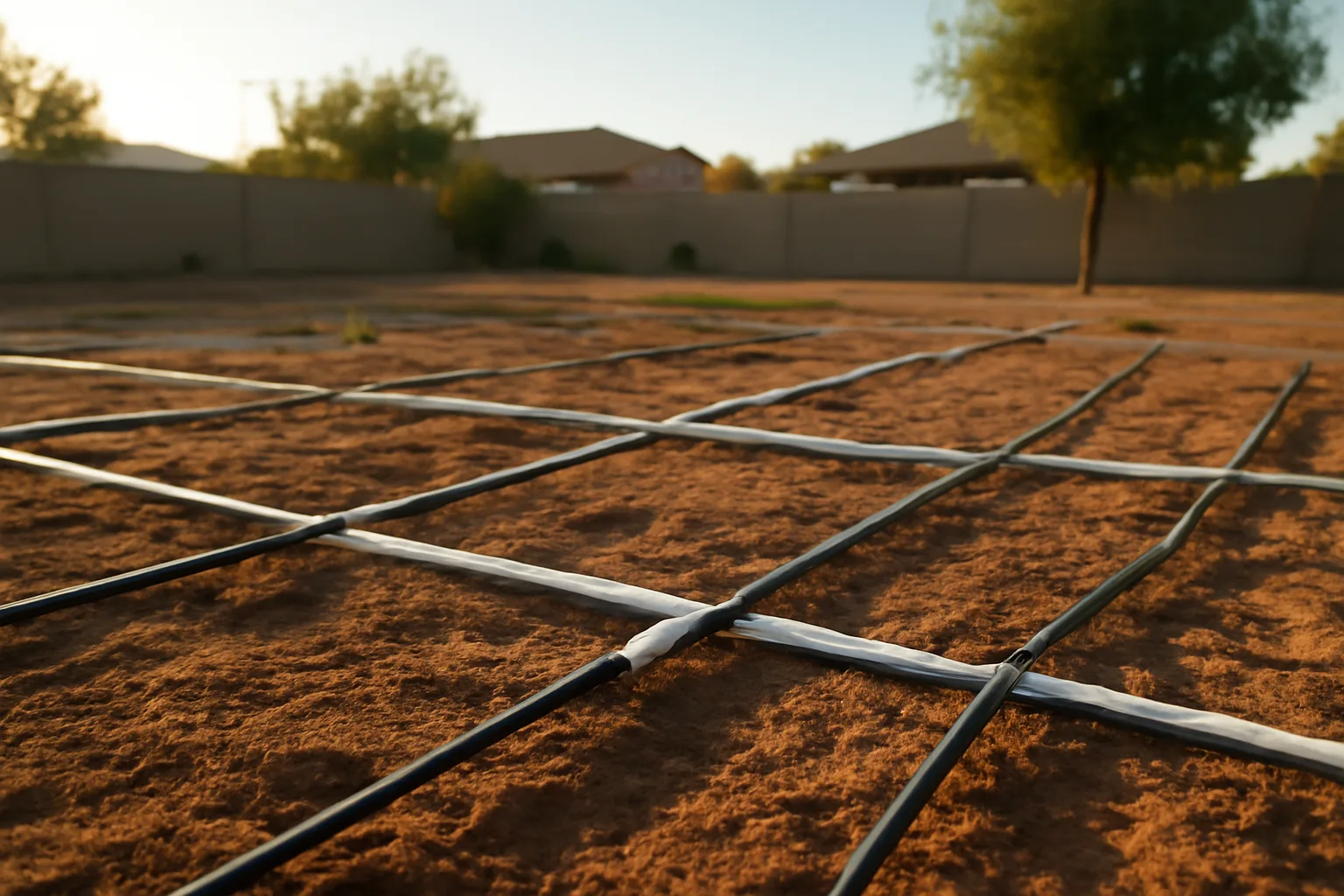 Drip irrigation lines crossing an Arizona residential backyard
