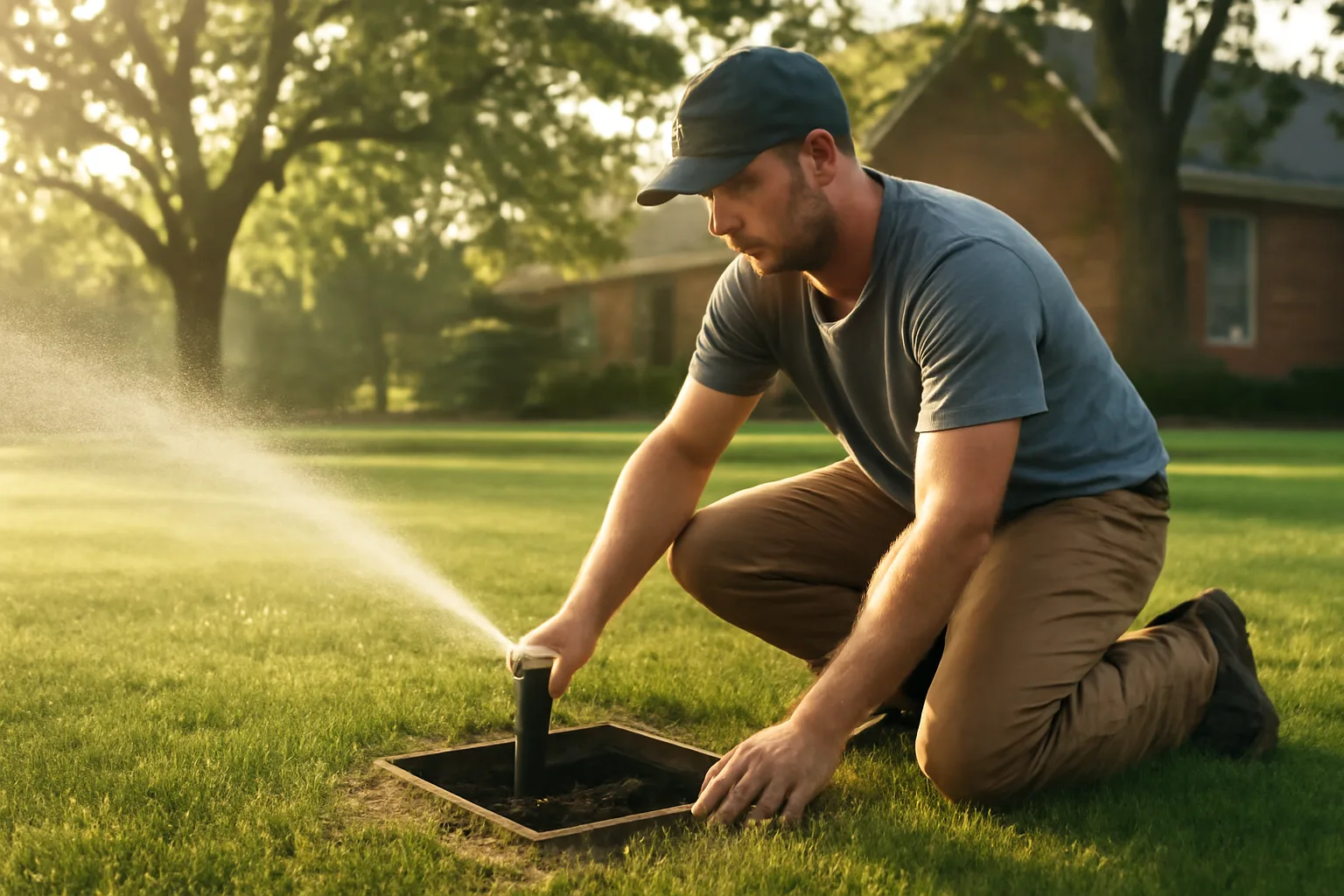 Contractor checking a sprinkler head on a wet Arkansas lawn