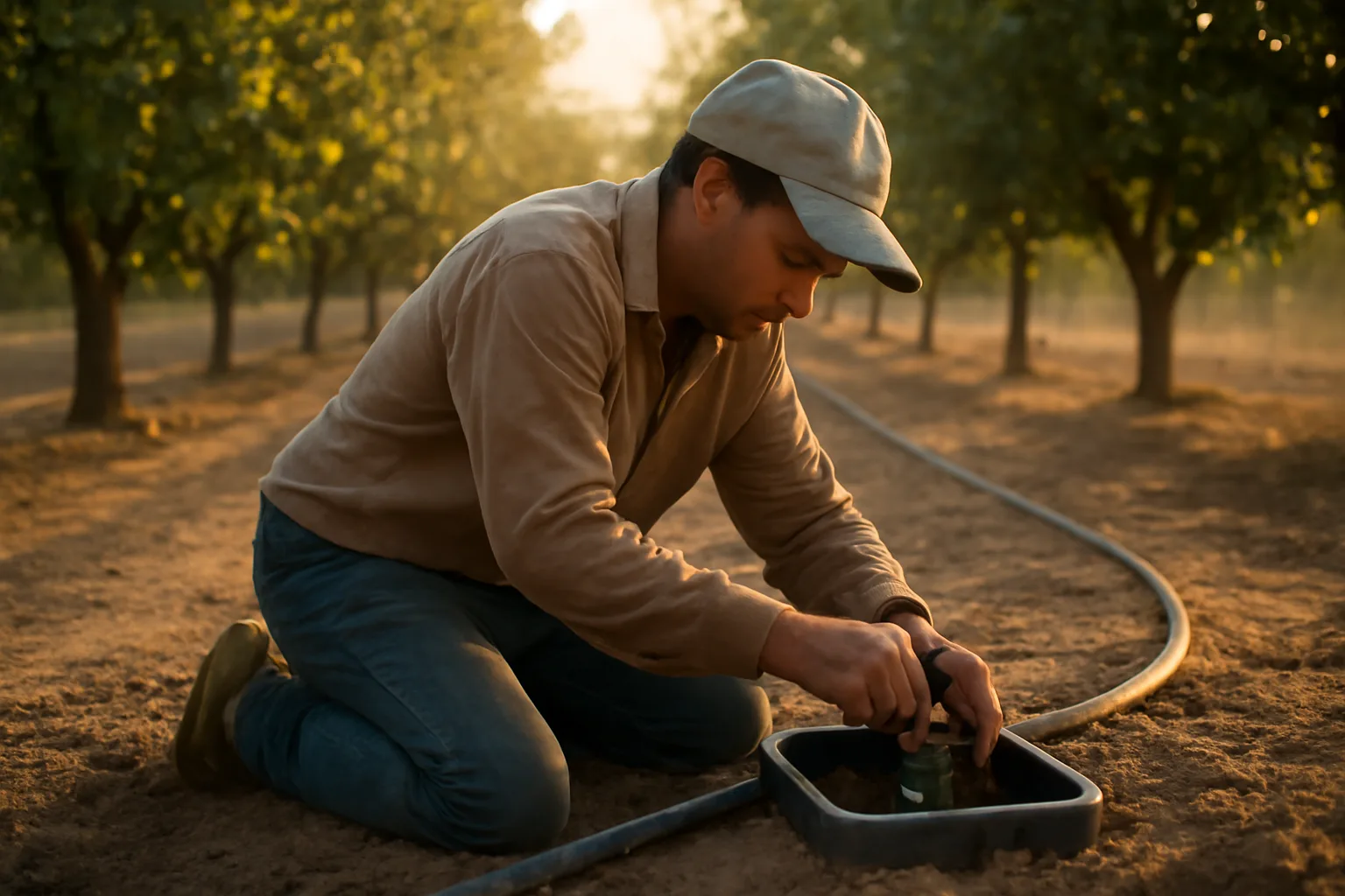 Worker checks drip irrigation valves in a California orchard