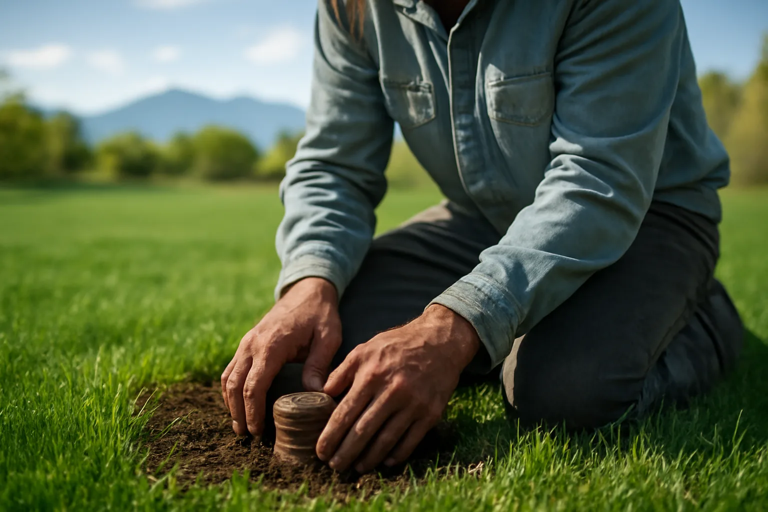 Worker kneeling by a sprinkler head on a Colorado lawn