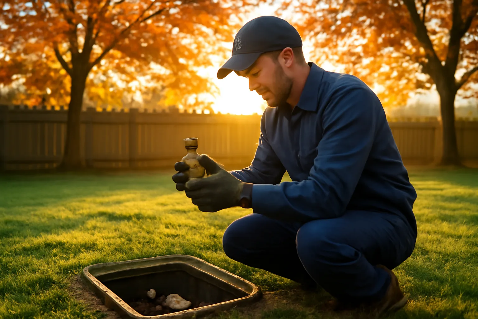 Technician adjusting lawn irrigation valves in a Connecticut backyard