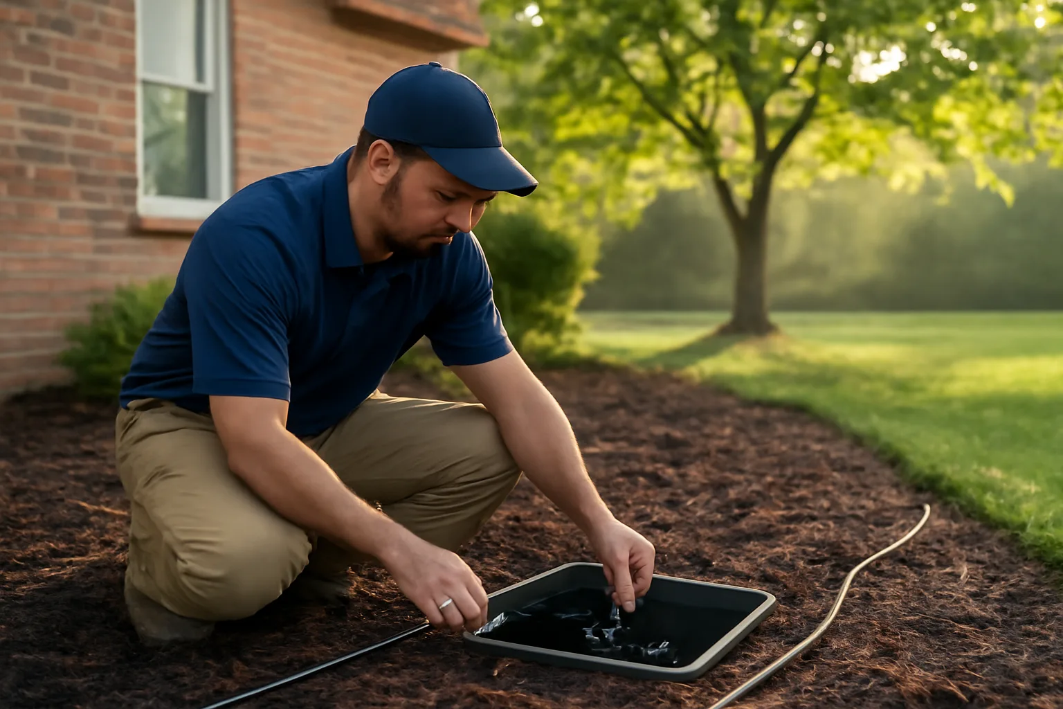 Technician checks backyard irrigation valves at a Delaware home