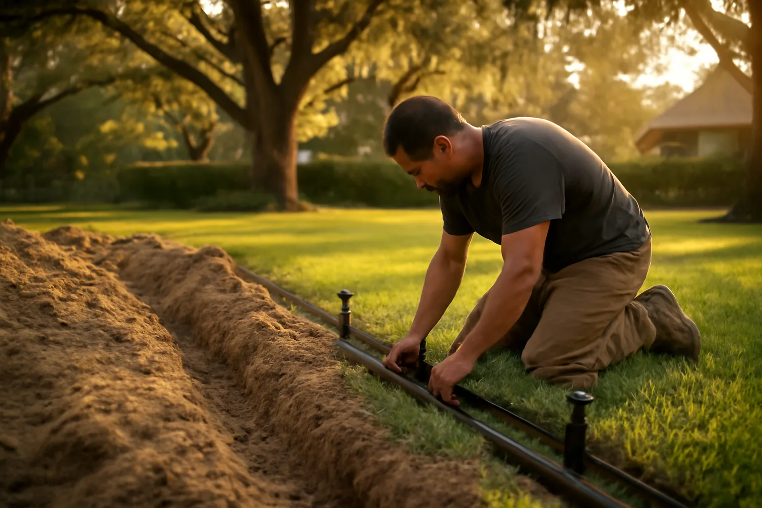 Worker kneeling to set spray heads in a Florida lawn