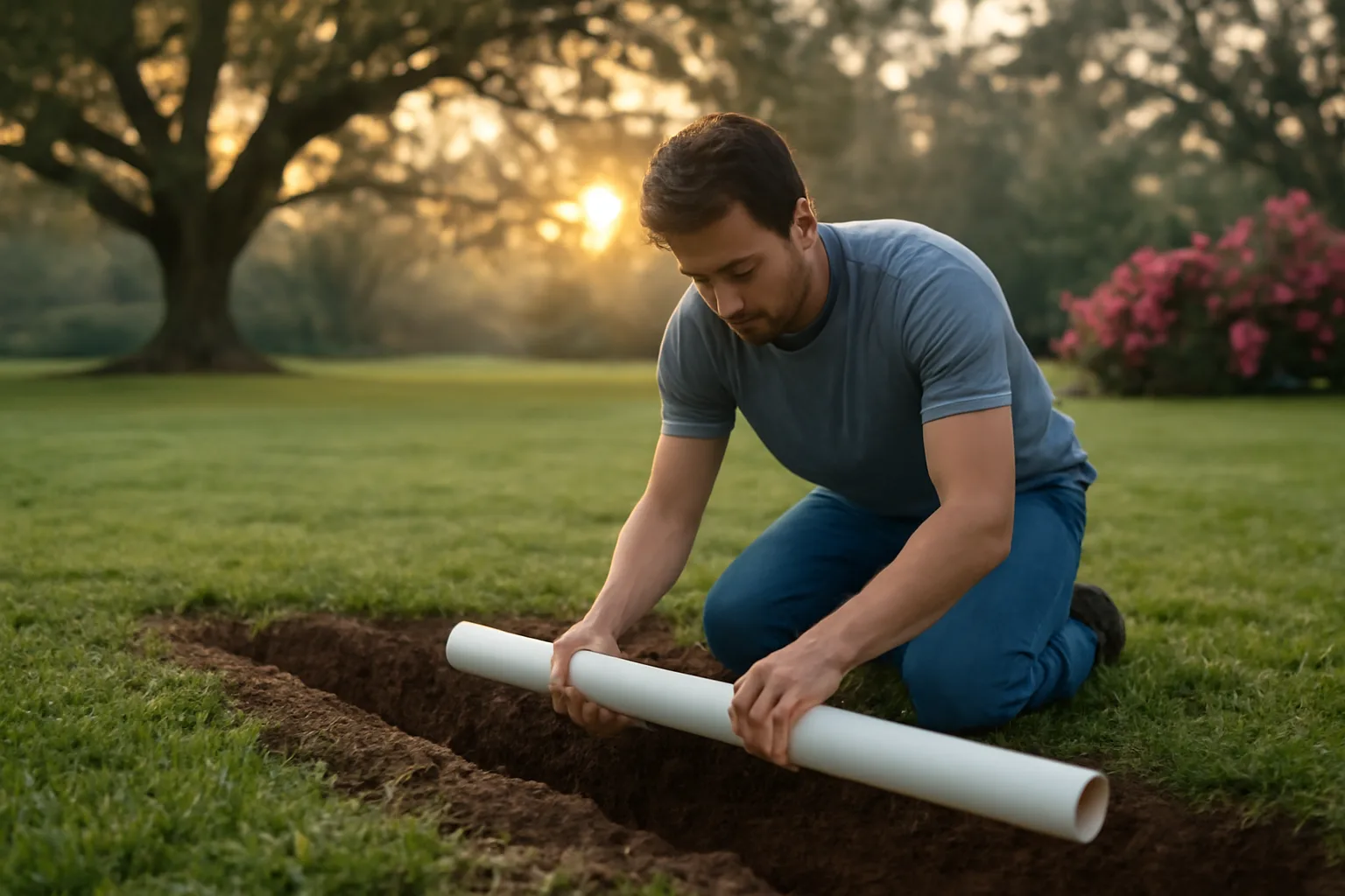 Installer laying irrigation pipe in a Georgia suburban lawn