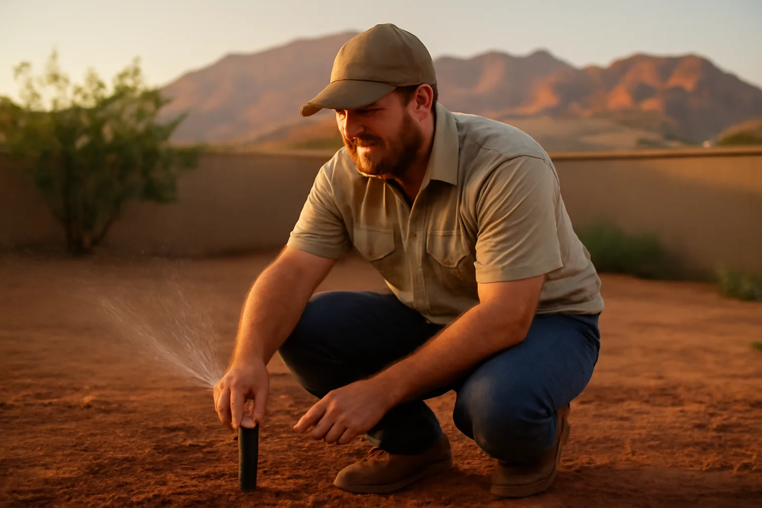 Irrigation contractor adjusting a sprinkler head in a Utah residential yard at sunset