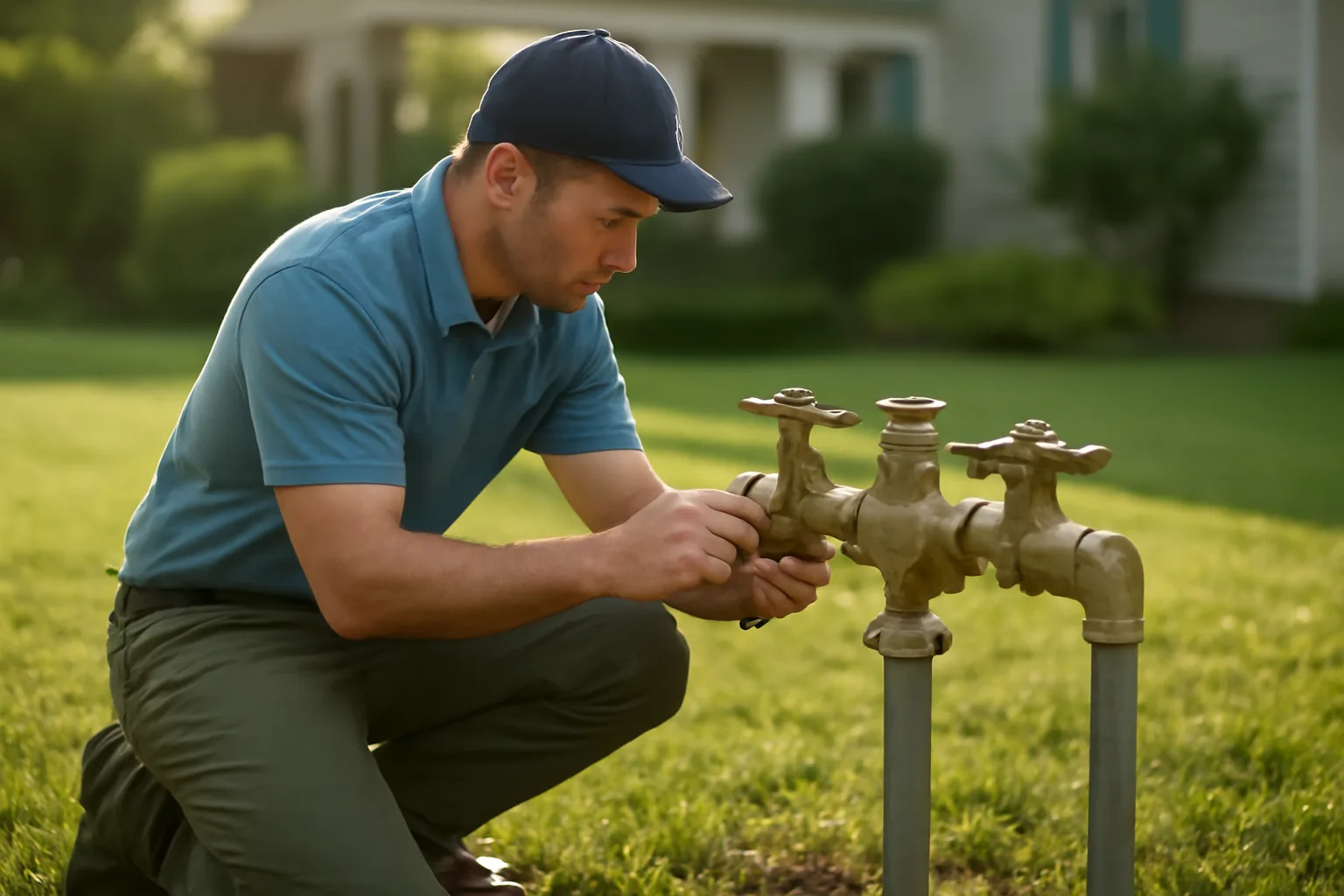 Irrigation contractor inspecting backflow preventer assembly in a Vermont yard