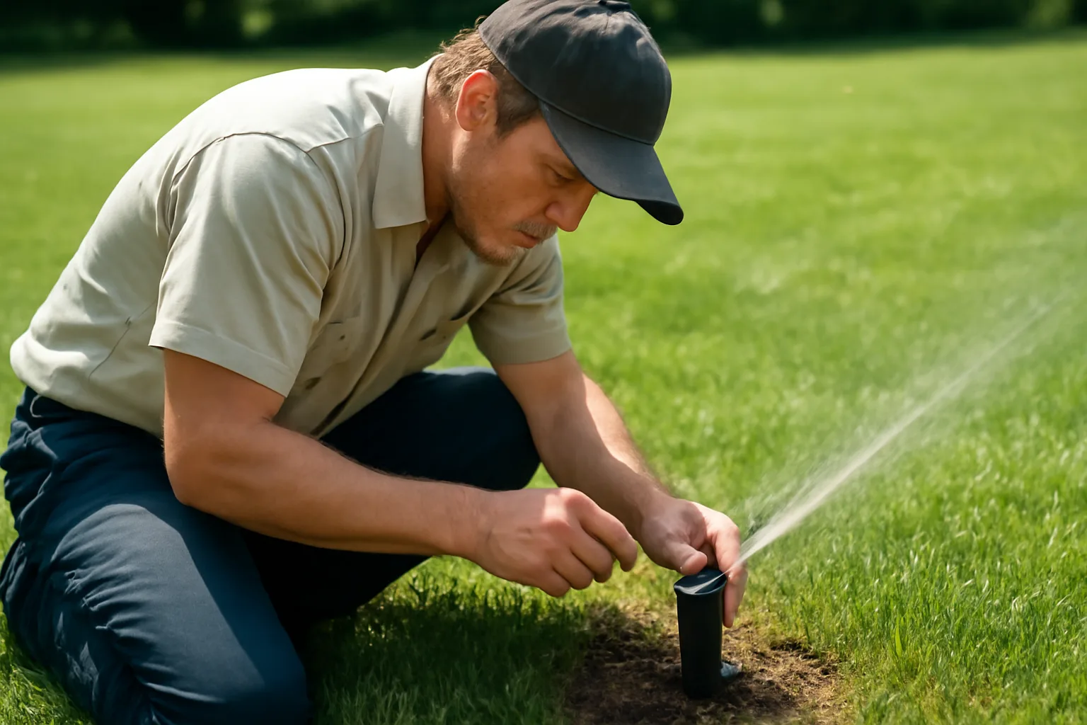 Irrigation contractor adjusting a sprinkler head in a Virginia residential lawn