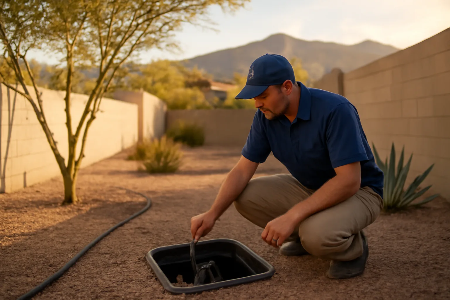 Technician inspects irrigation valves in a Phoenix desert yard