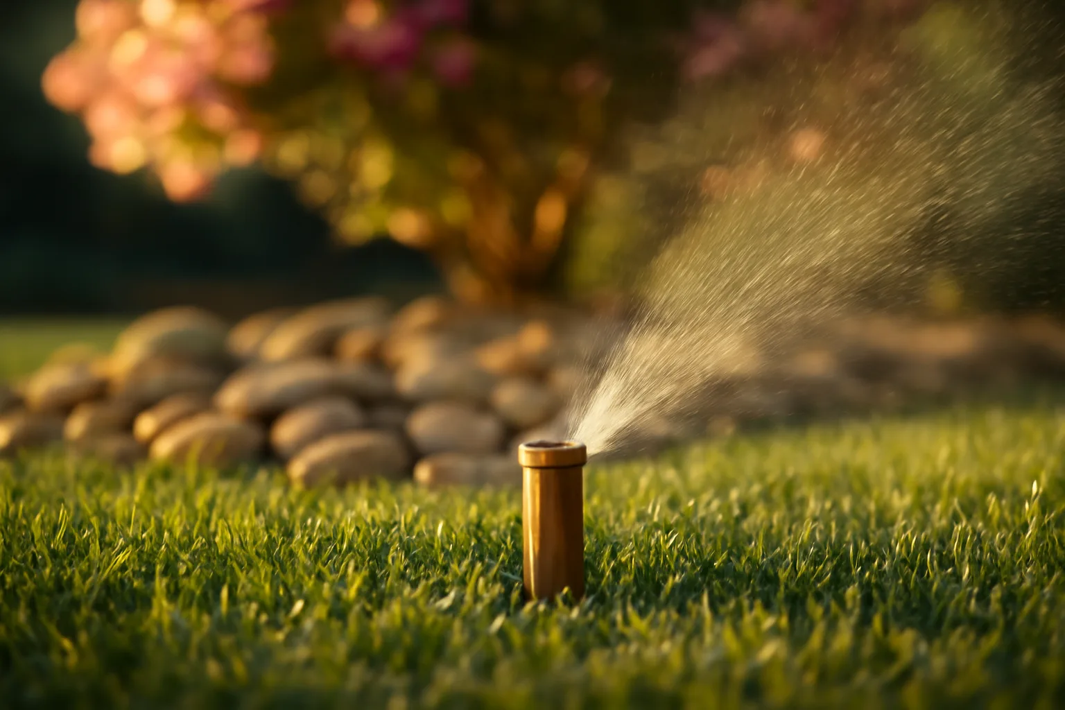 Sprinkler head watering bermuda grass on an Arkansas lawn