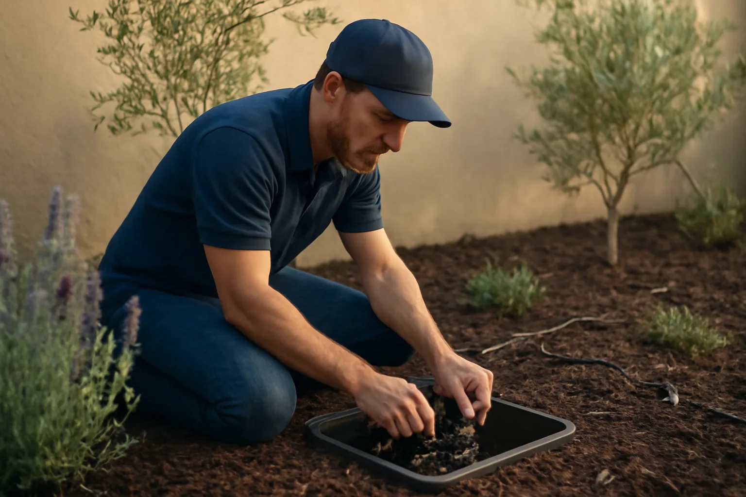 Technician checking drip irrigation valves in a California backyard
