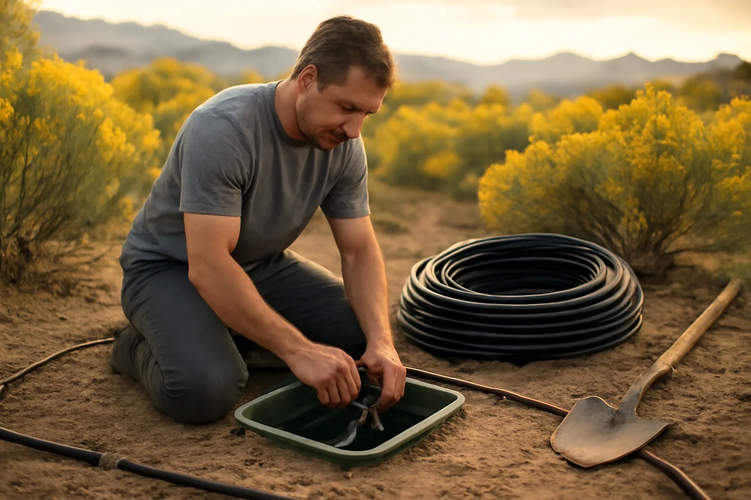 Technician kneeling by drip irrigation lines on the Colorado Front Range